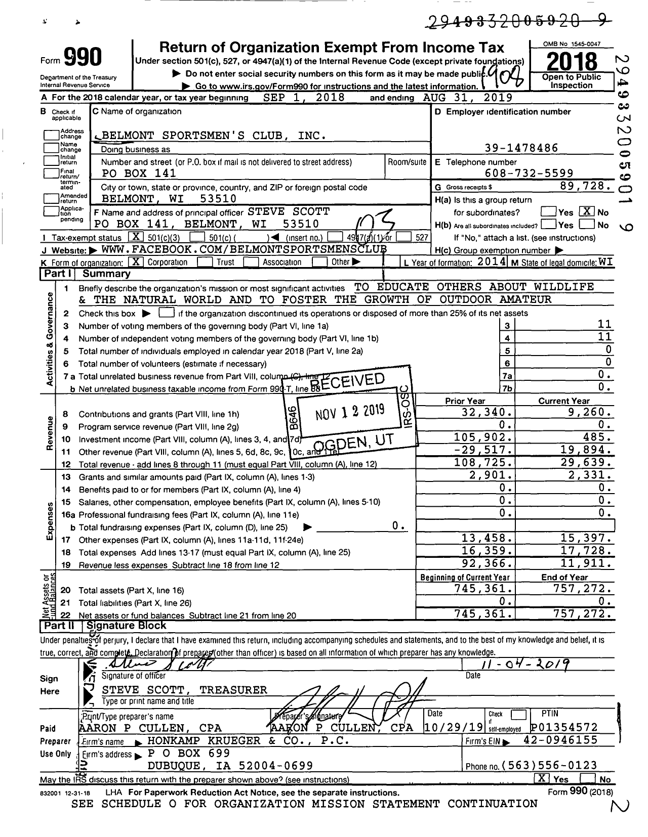 Image of first page of 2018 Form 990 for Belmont Sportsmen's Club