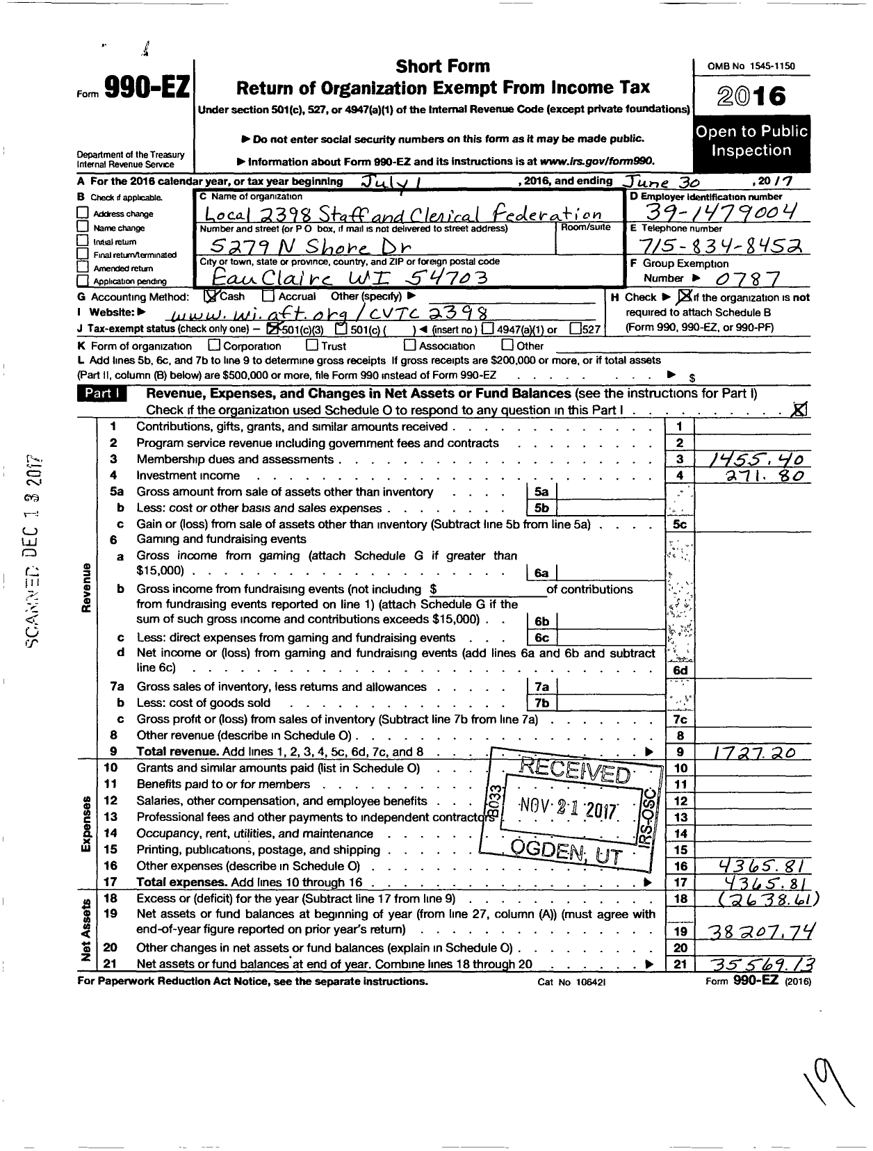 Image of first page of 2016 Form 990EZ for American Federation of Teachers - 2398 Chippewa Vly Tech College Staf