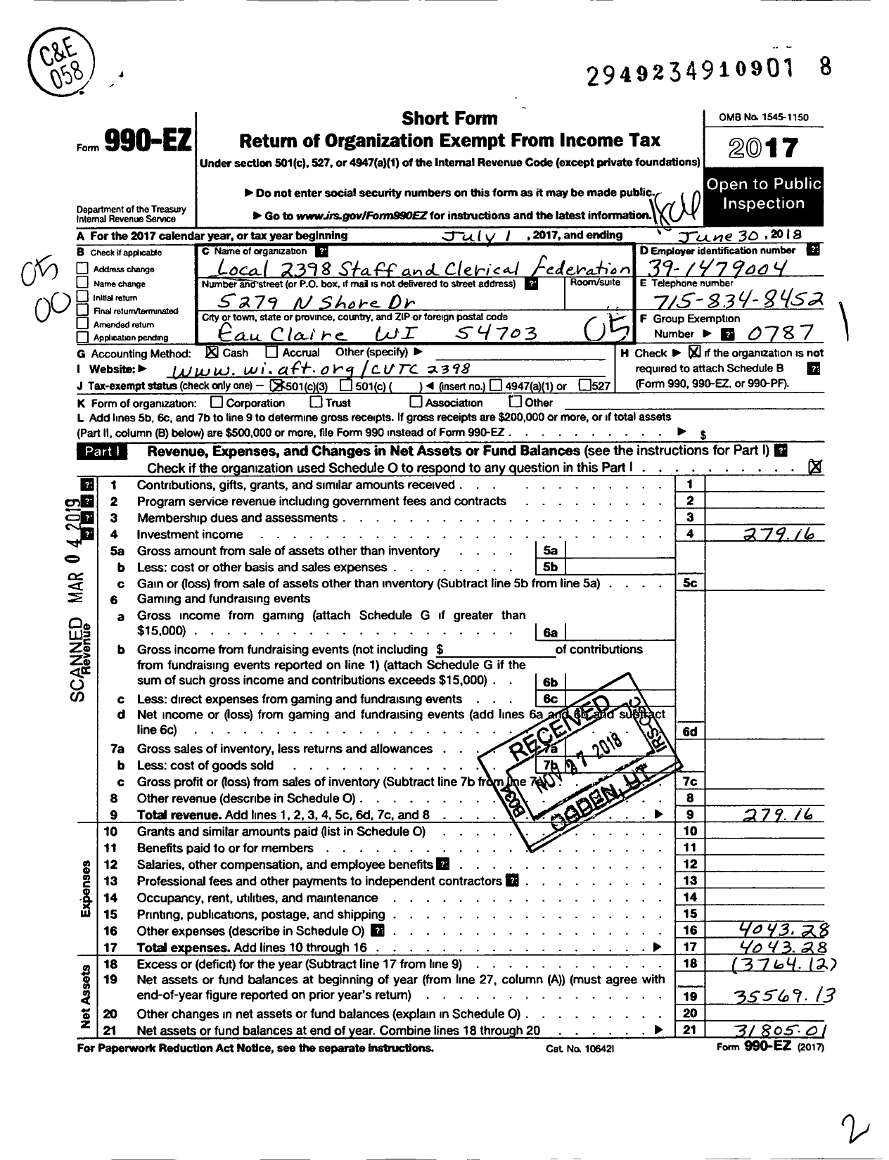 Image of first page of 2017 Form 990EO for American Federation of Teachers - 2398 Chippewa Vly Tech College Staf