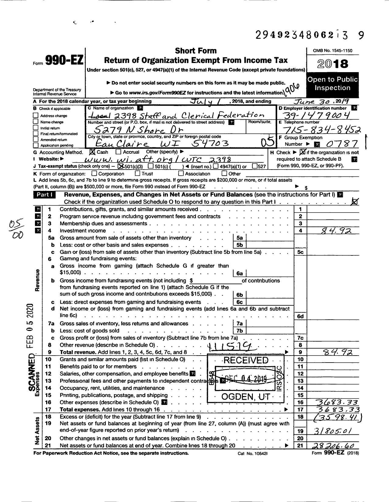 Image of first page of 2018 Form 990EO for American Federation of Teachers - 2398 Chippewa Vly Tech College Staf