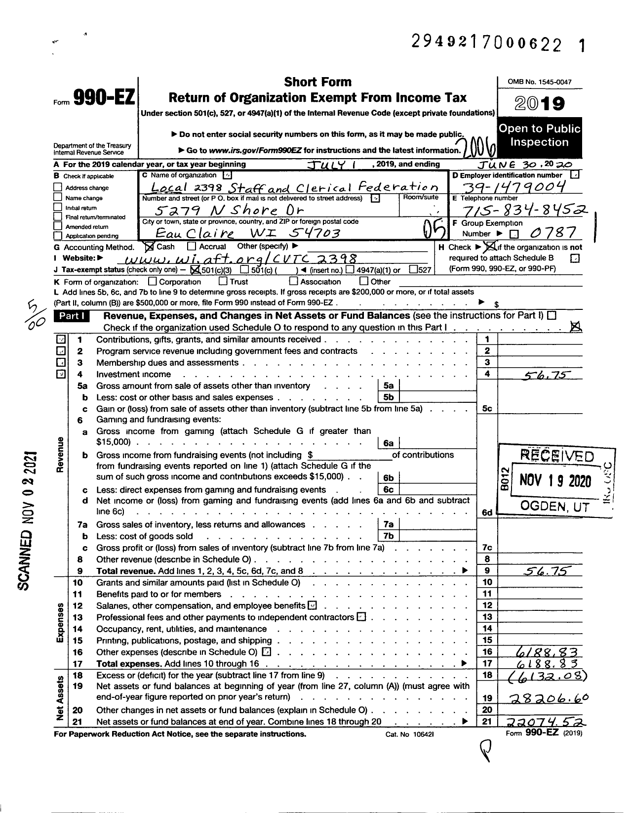 Image of first page of 2019 Form 990EO for American Federation of Teachers - 2398 Chippewa Vly Tech College Staf