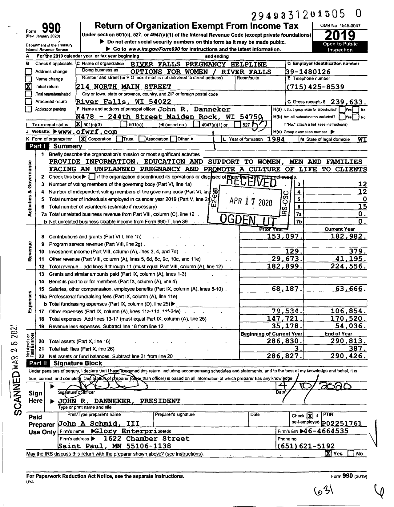 Image of first page of 2019 Form 990 for Options for Women River Falls