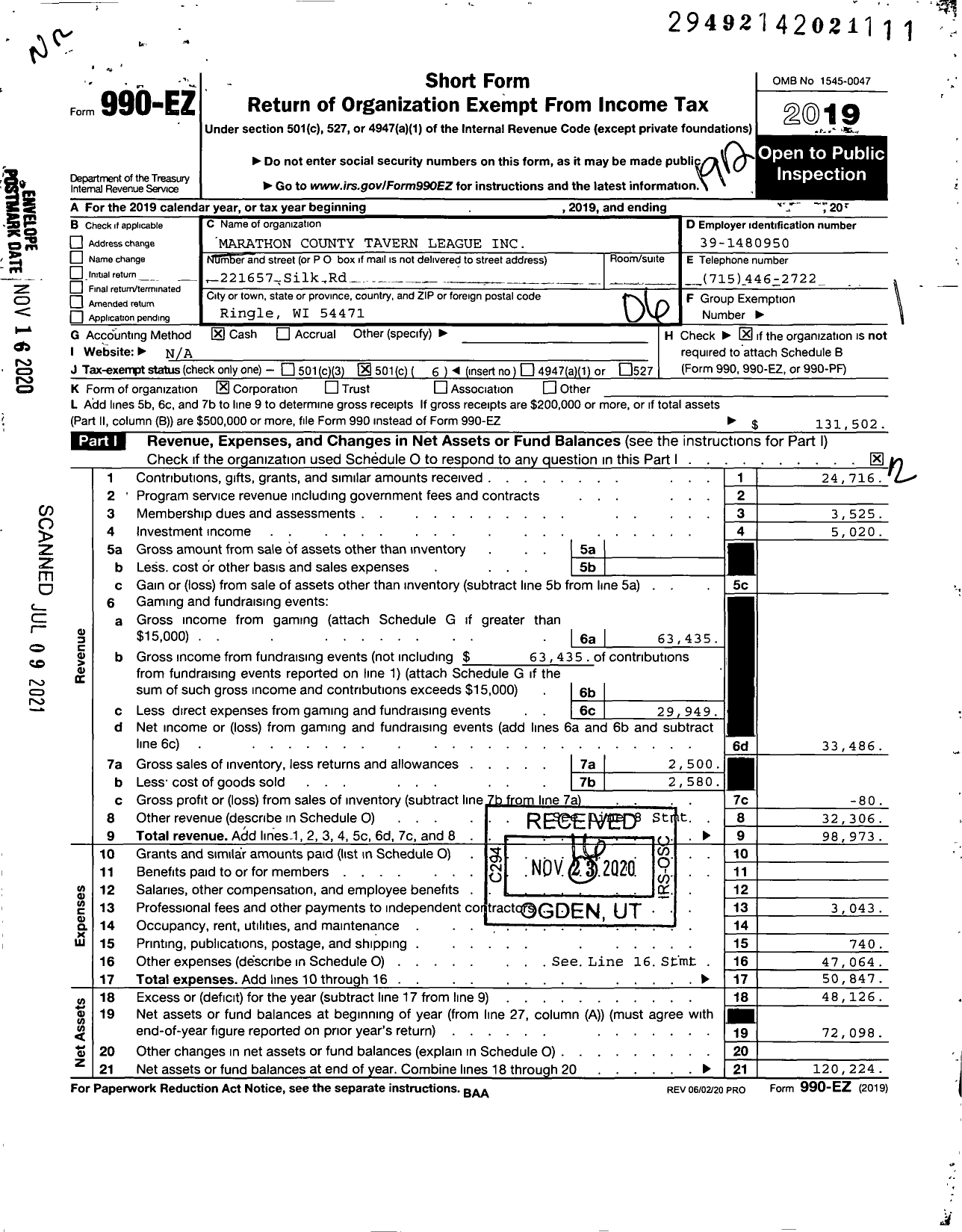 Image of first page of 2019 Form 990EO for Marathon County Tavern League