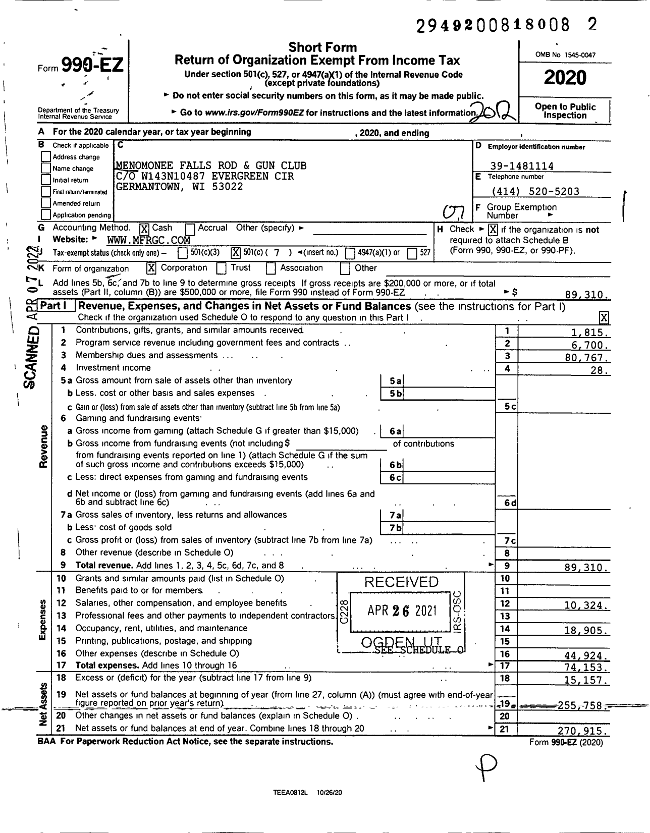 Image of first page of 2020 Form 990EO for Menomonee Falls Rod & Gun Club