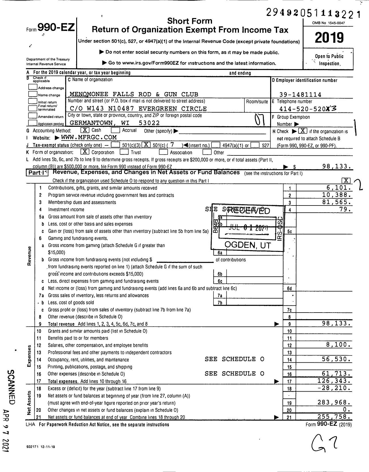 Image of first page of 2019 Form 990EO for Menomonee Falls Rod & Gun Club