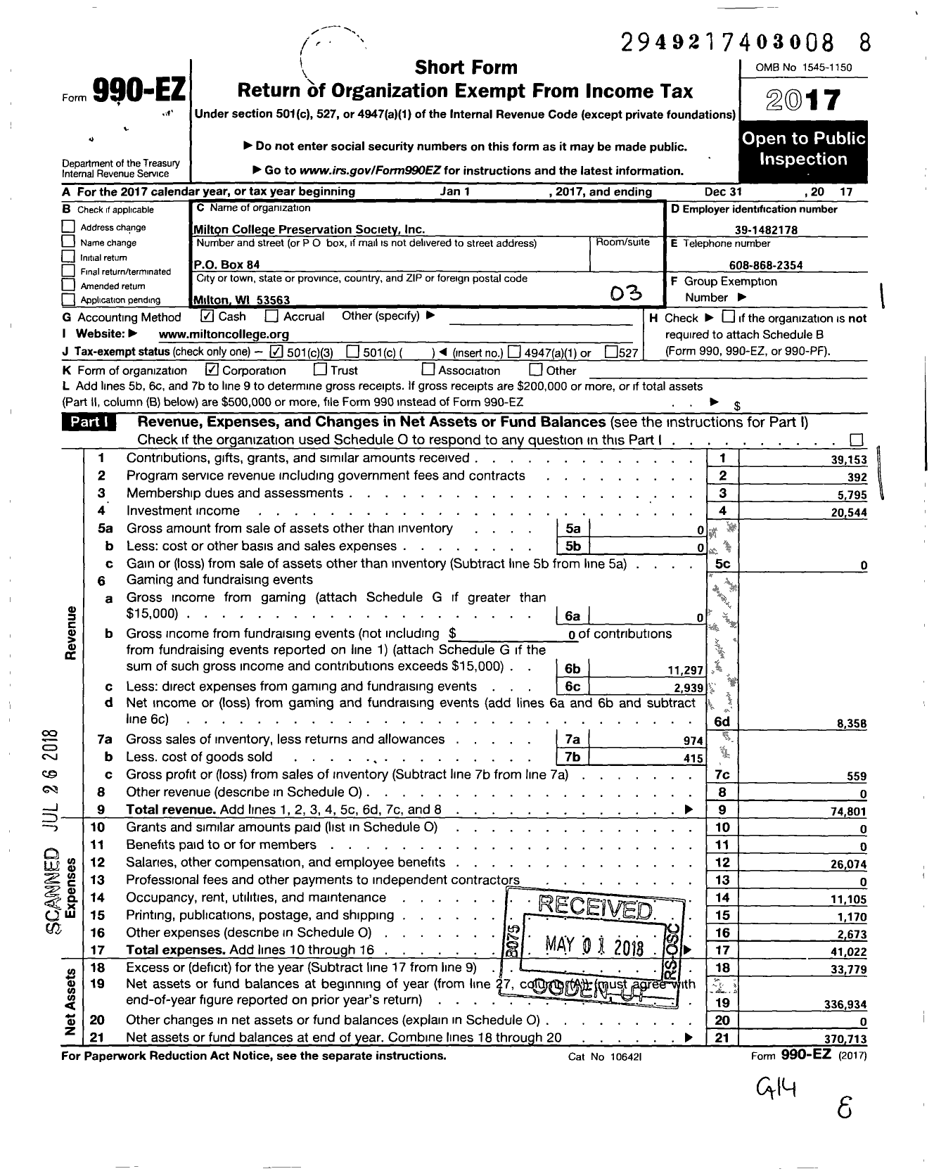 Image of first page of 2017 Form 990EZ for Milton College Preservation Society