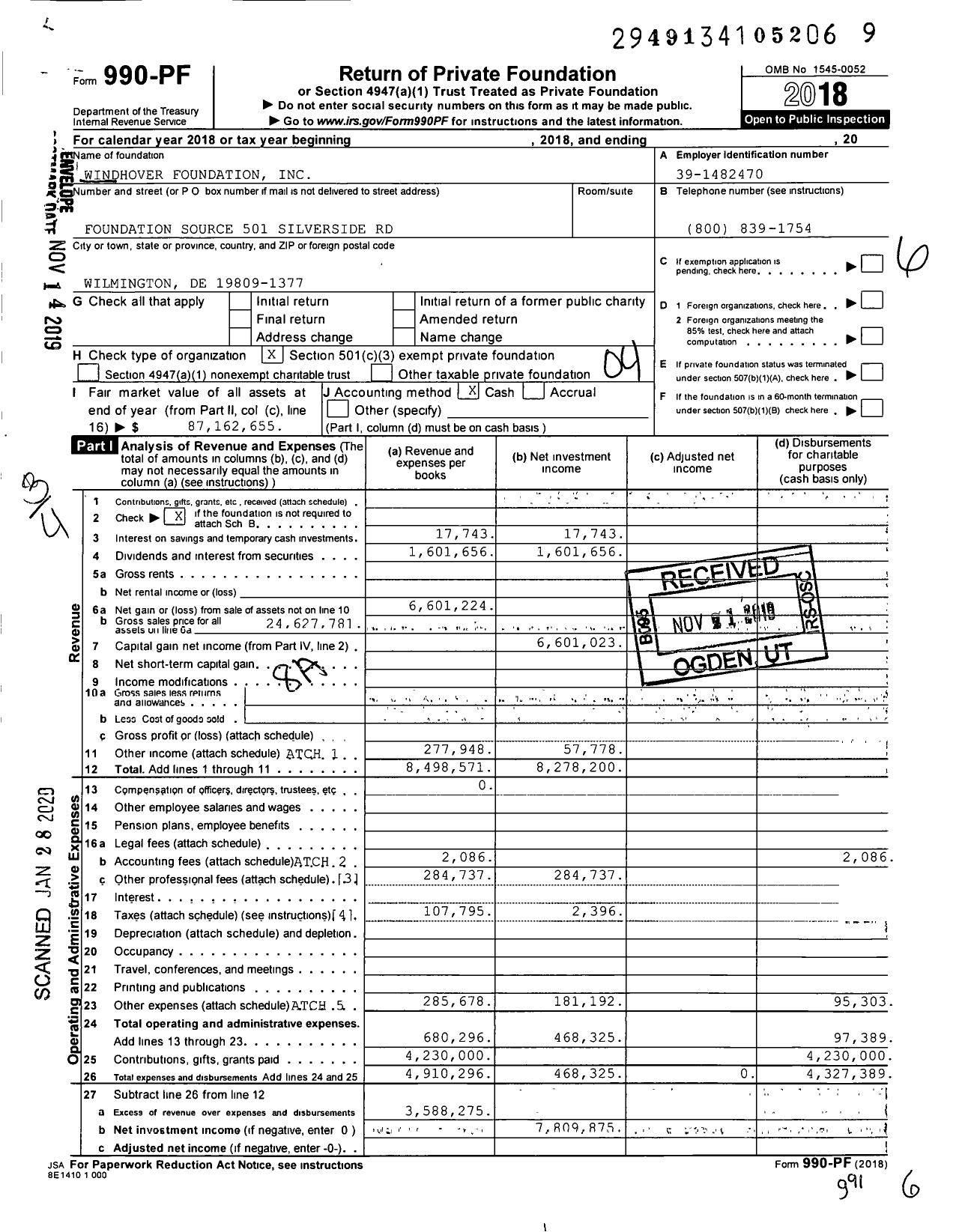 Image of first page of 2018 Form 990PF for Windhover Foundation