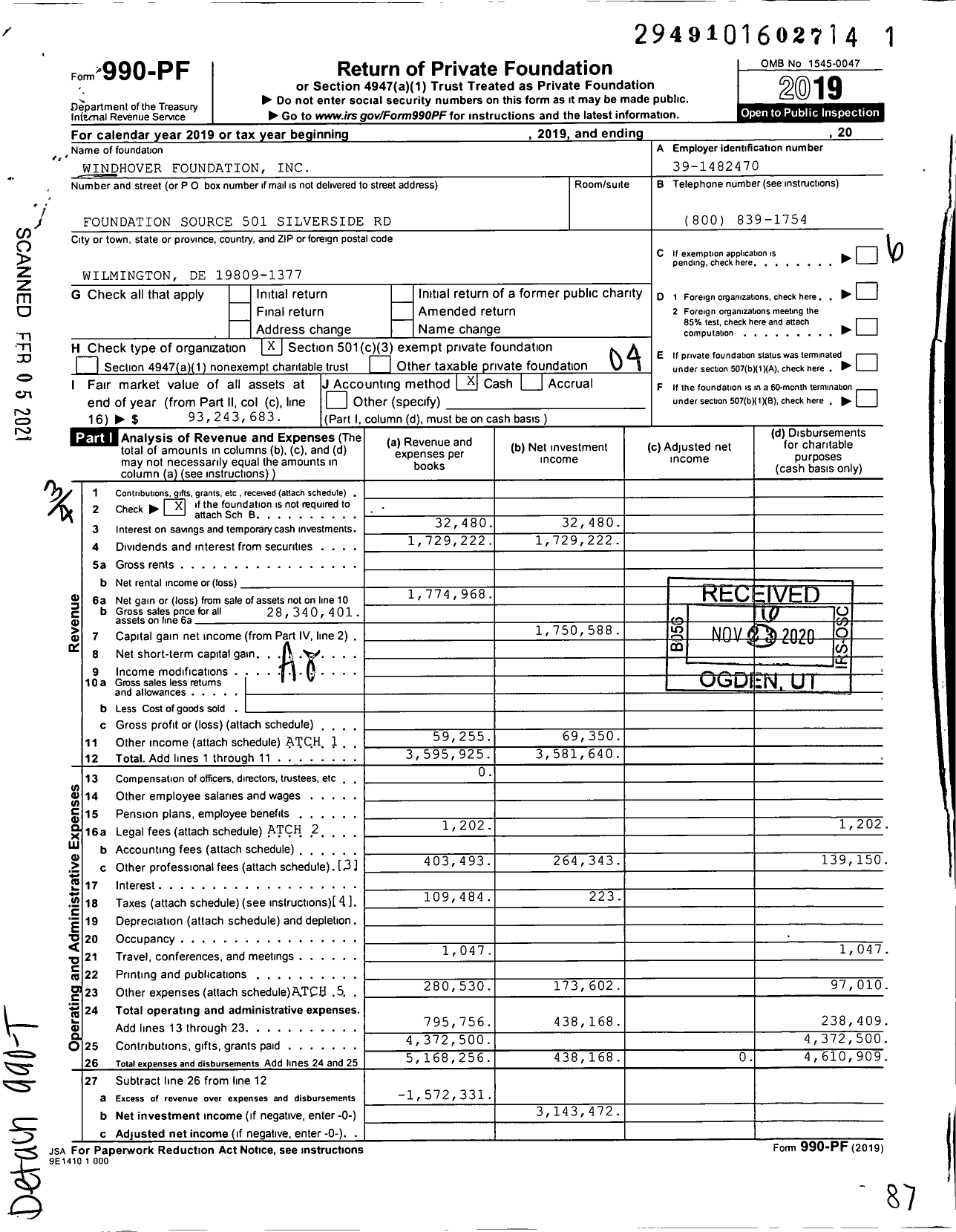 Image of first page of 2019 Form 990PF for Windhover Foundation