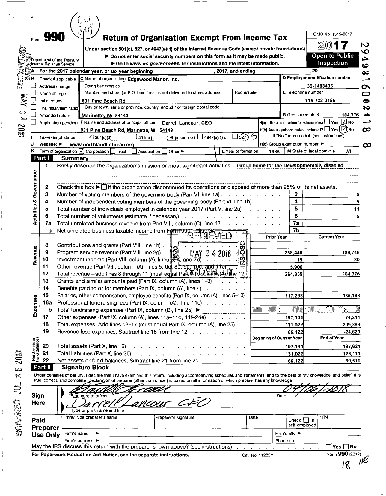 Image of first page of 2017 Form 990 for Edgewood Manor