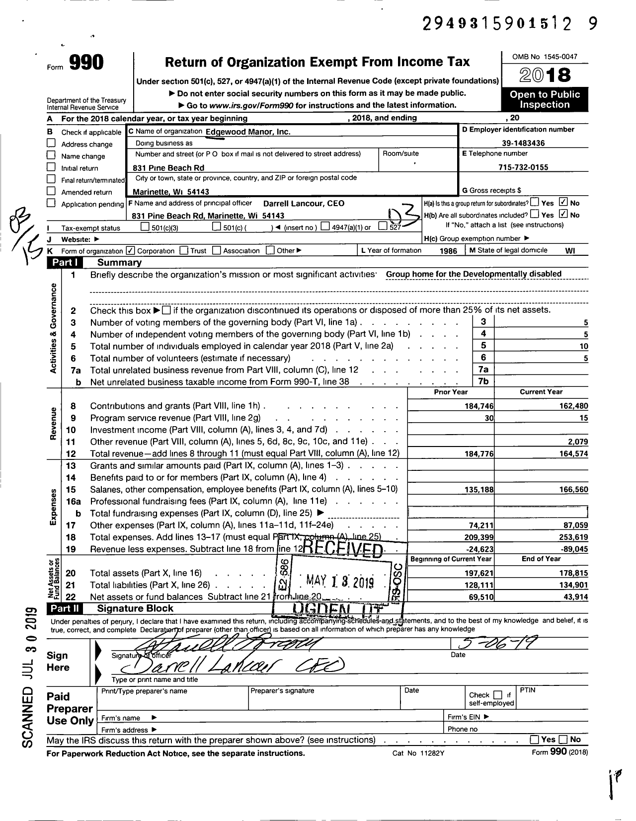 Image of first page of 2018 Form 990 for Edgewood Manor