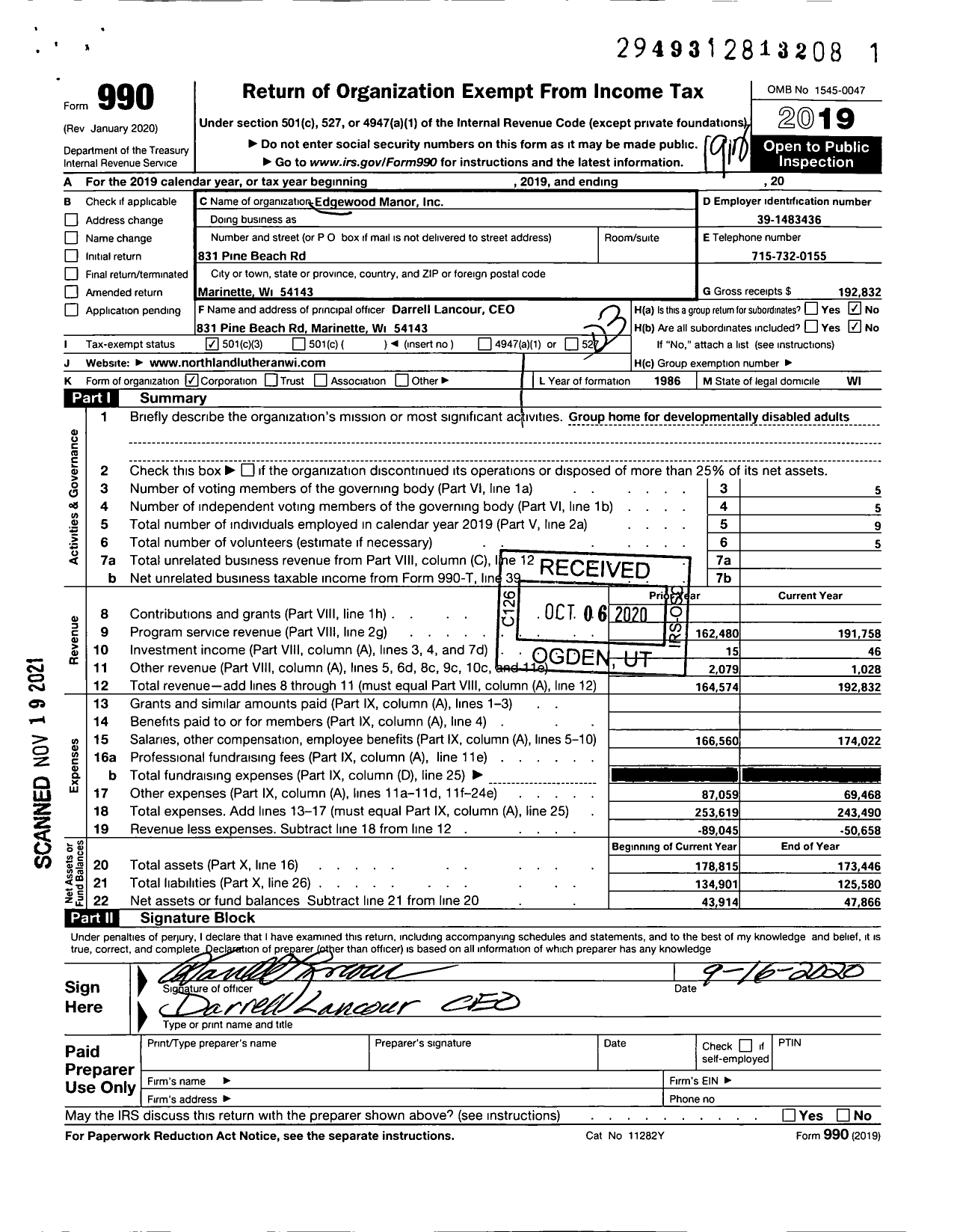 Image of first page of 2019 Form 990 for Edgewood Manor