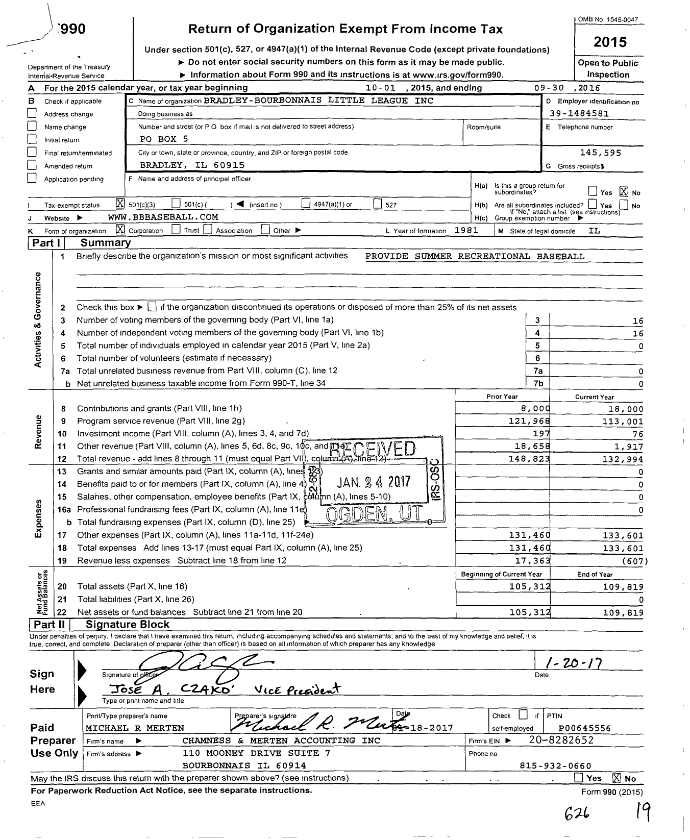 Image of first page of 2015 Form 990 for Little League Baseball - 1131809 Bradley-Bourbonnais LL