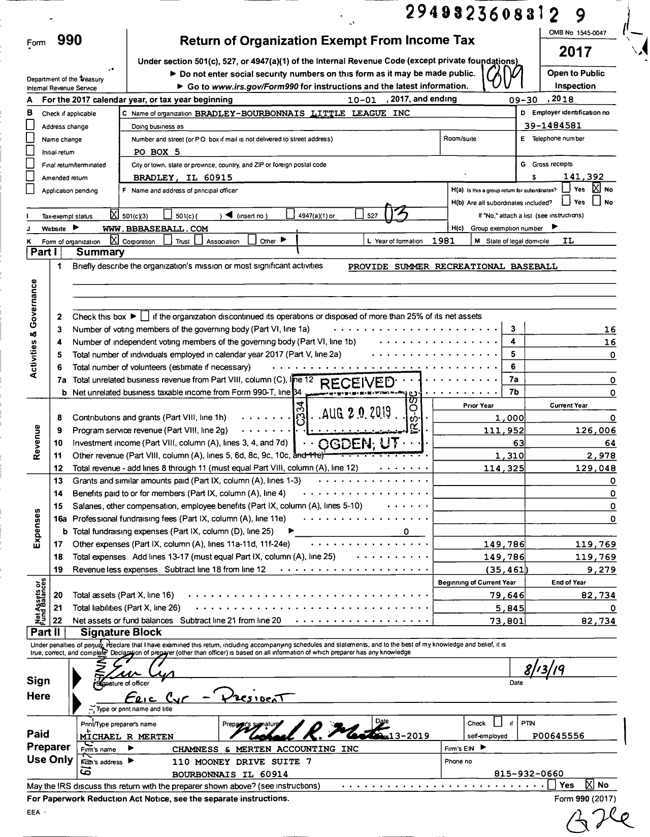 Image of first page of 2017 Form 990 for Little League Baseball - 1131809 Bradley-Bourbonnais LL