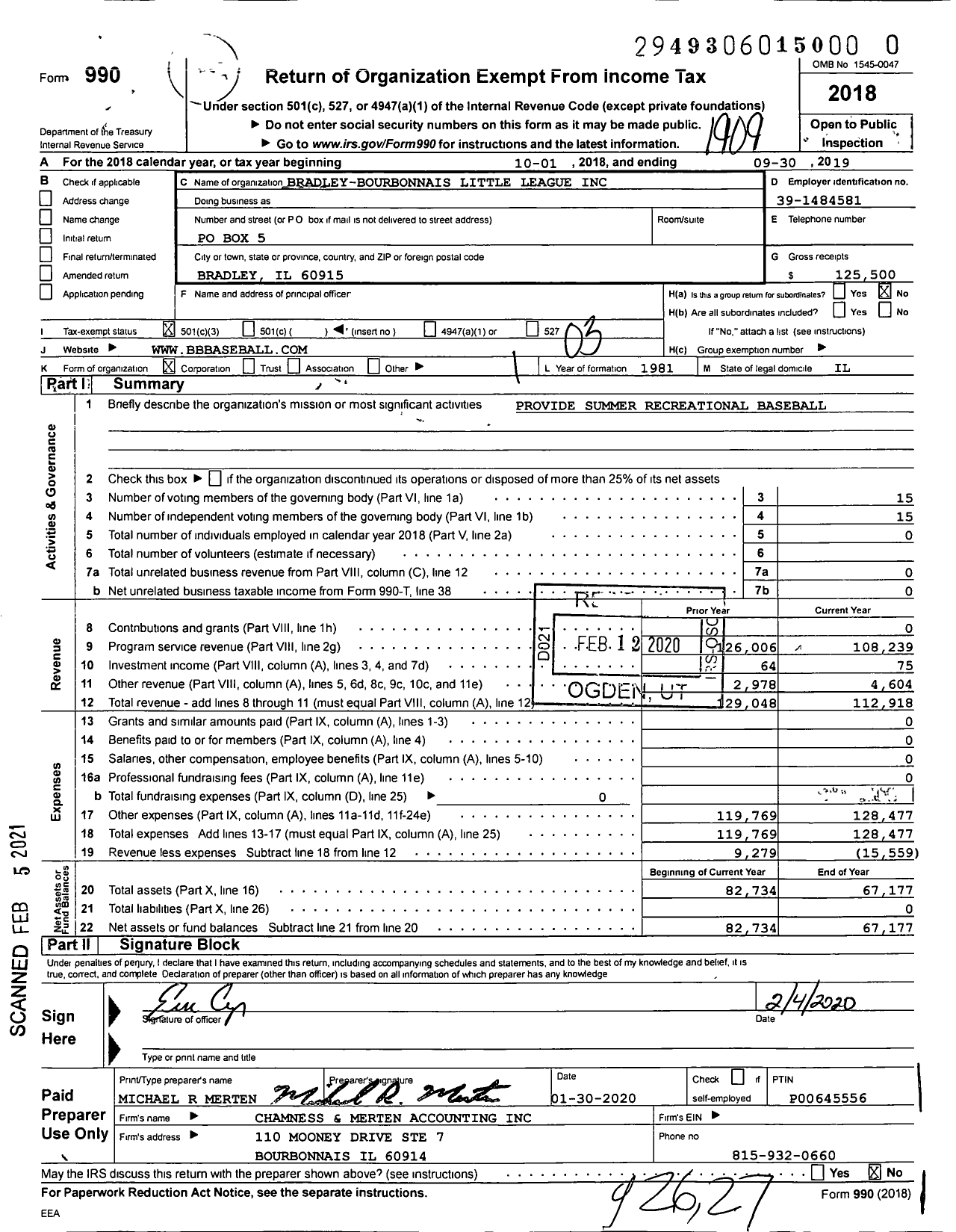 Image of first page of 2018 Form 990 for Little League Baseball - 1131809 Bradley-Bourbonnais LL