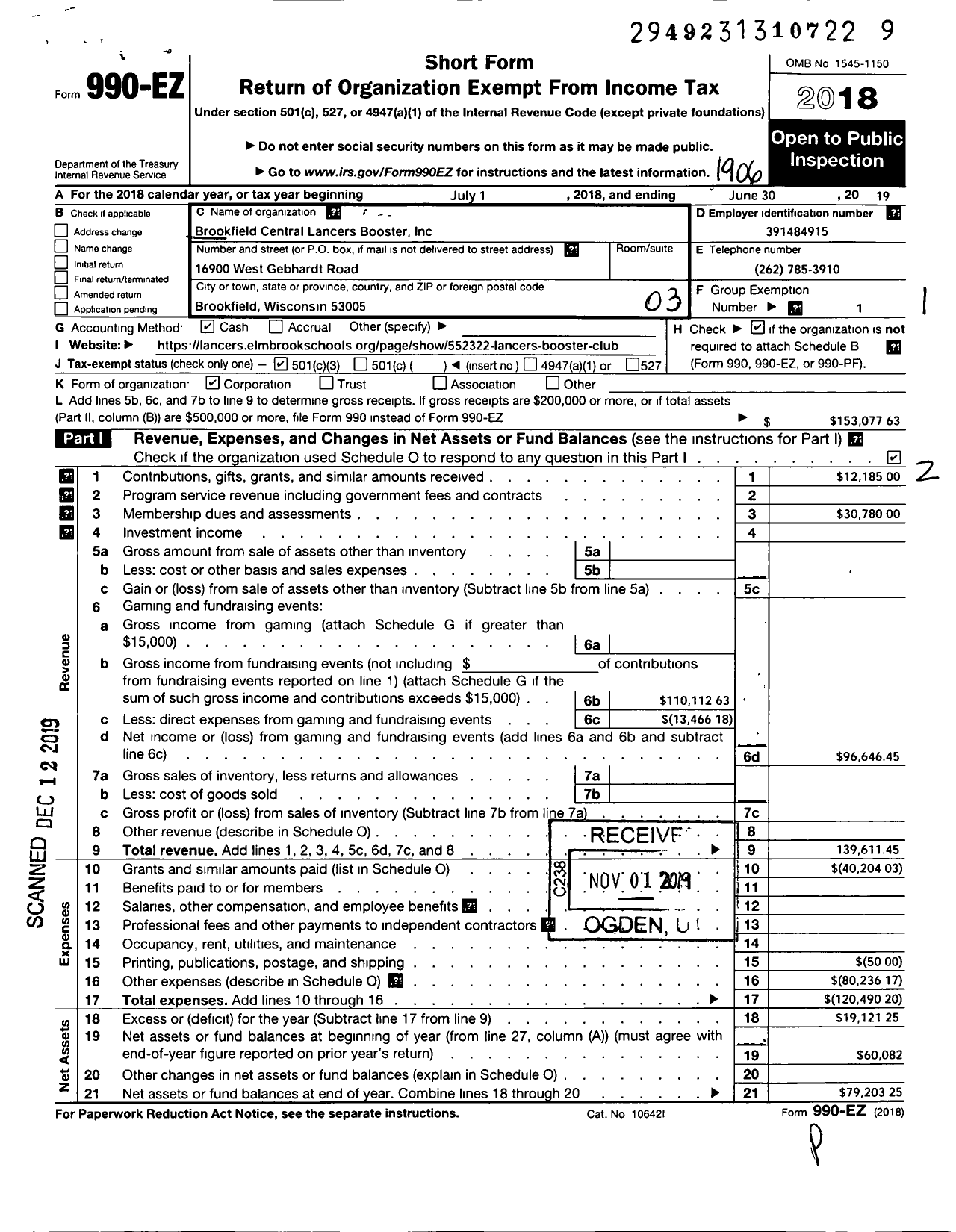 Image of first page of 2018 Form 990EZ for Brookfield Central Lancers Booster Club