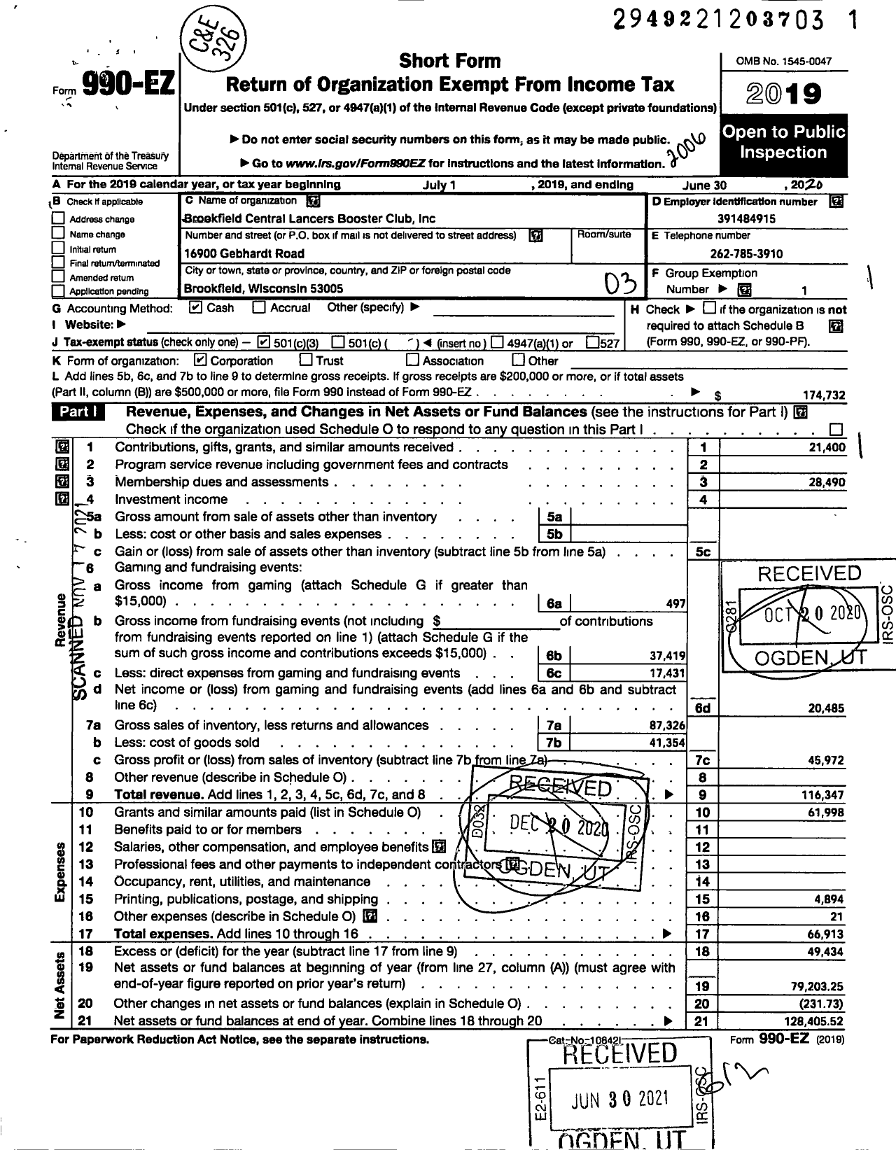 Image of first page of 2019 Form 990EZ for Brookfield Central Lancers Booster Club