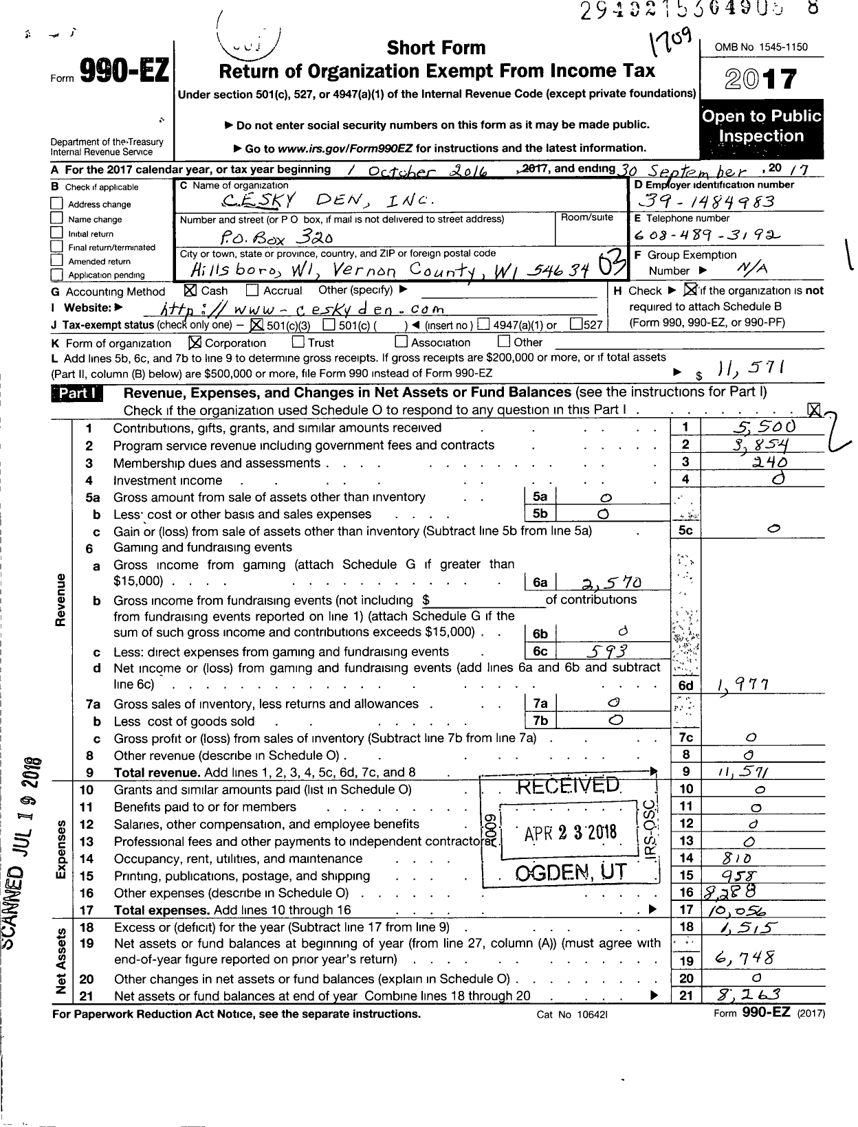 Image of first page of 2016 Form 990EZ for Cesky Den