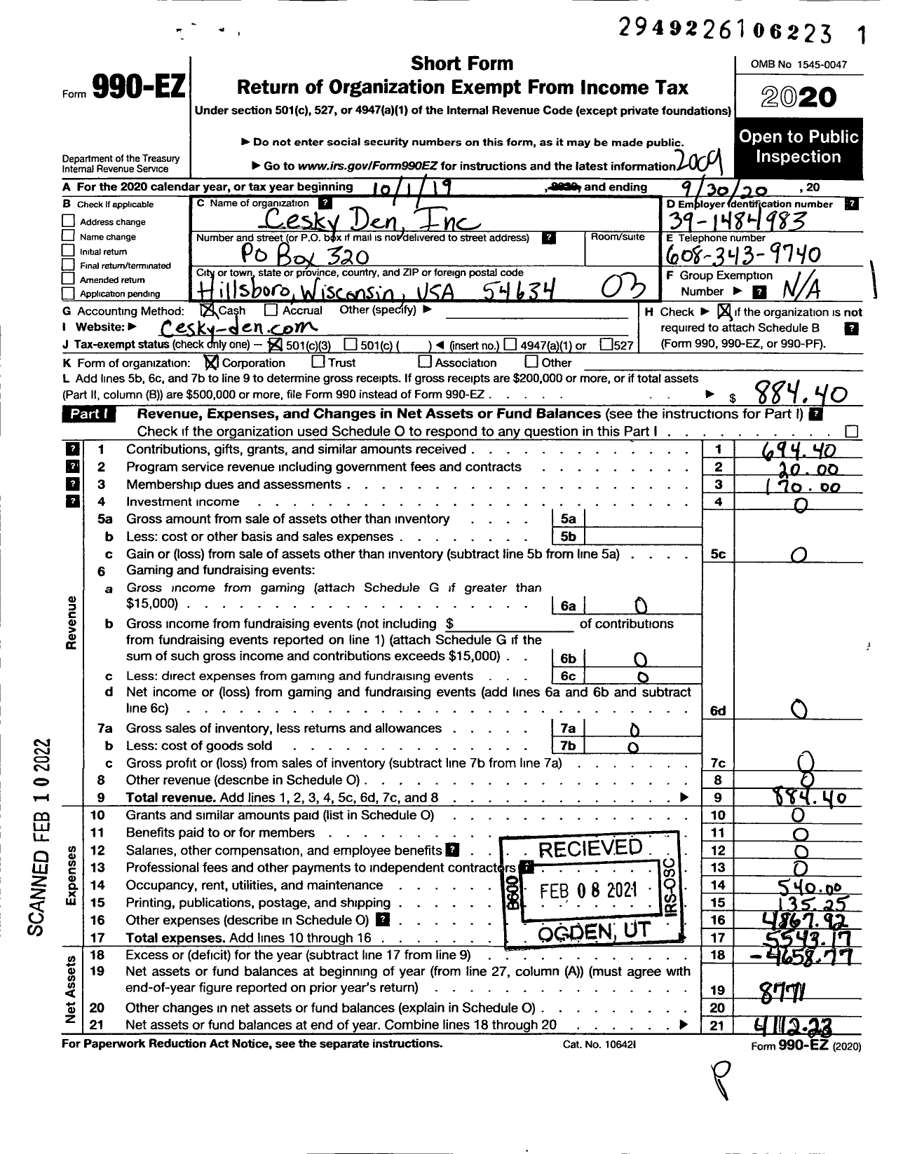 Image of first page of 2019 Form 990EZ for Cesky Den