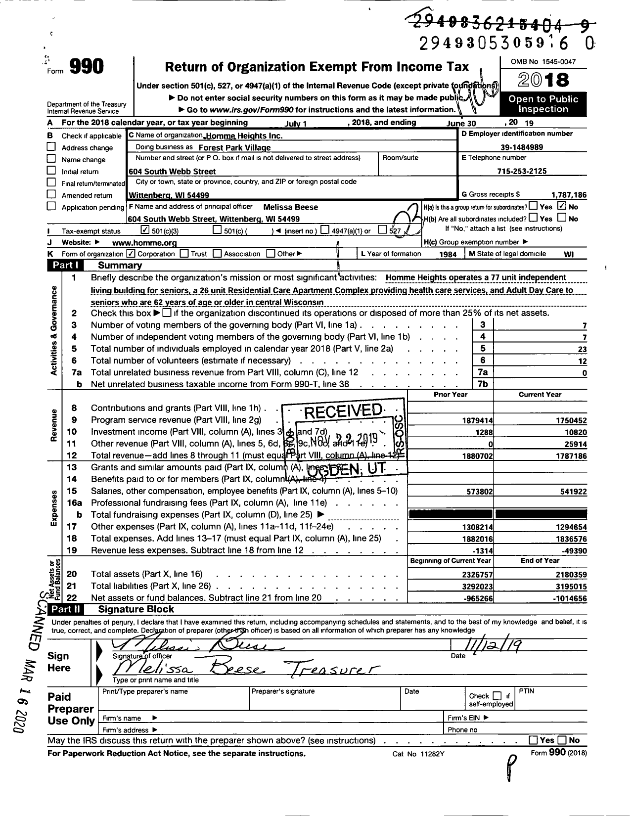 Image of first page of 2018 Form 990 for Forest Park Village