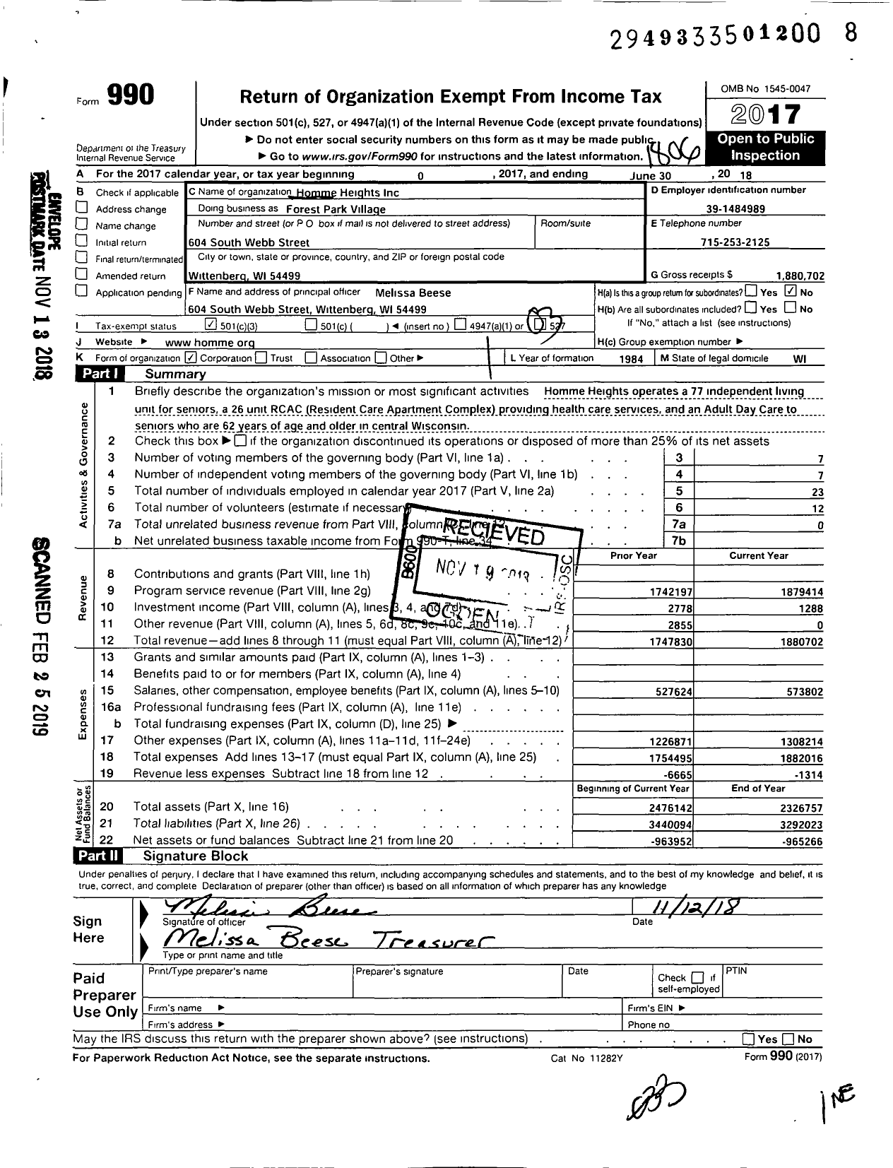Image of first page of 2017 Form 990 for Forest Park Village