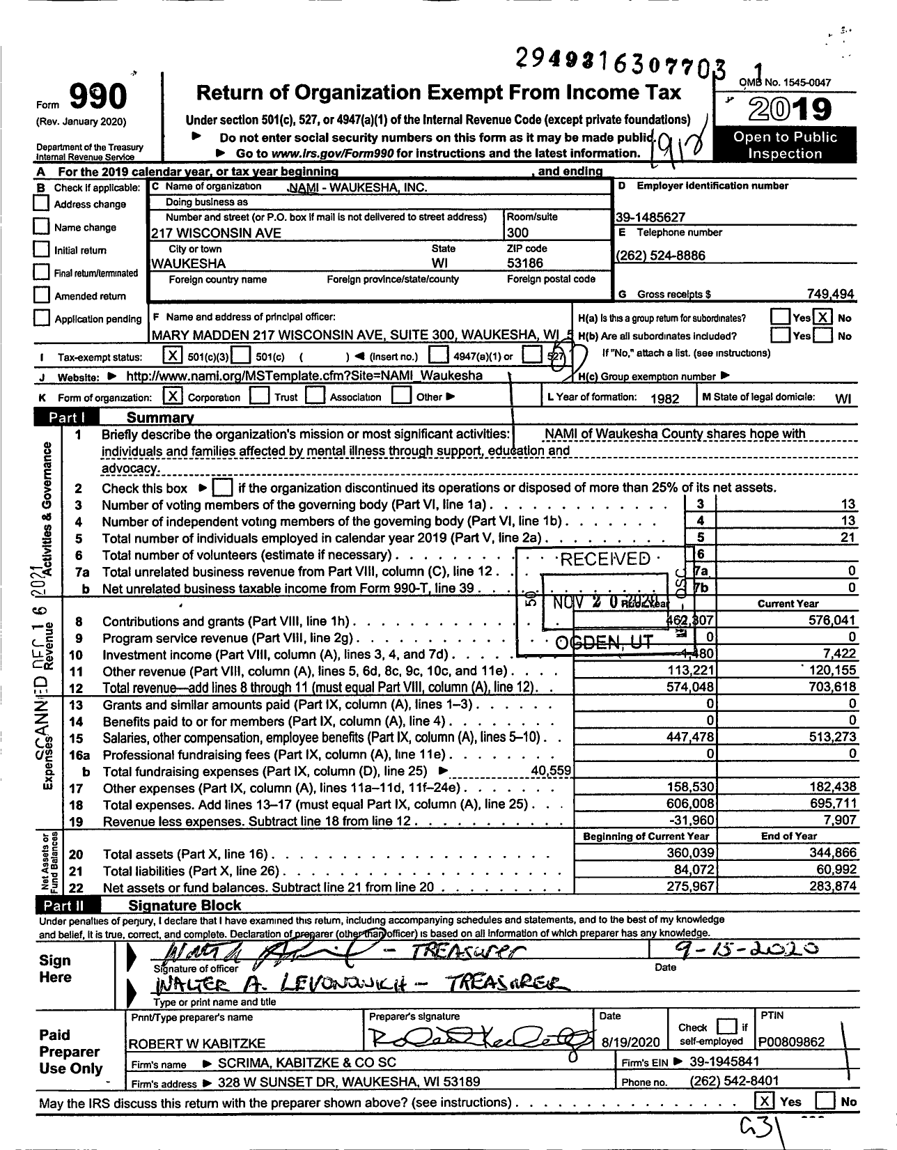 Image of first page of 2019 Form 990 for Nami Southeast Wisconsin