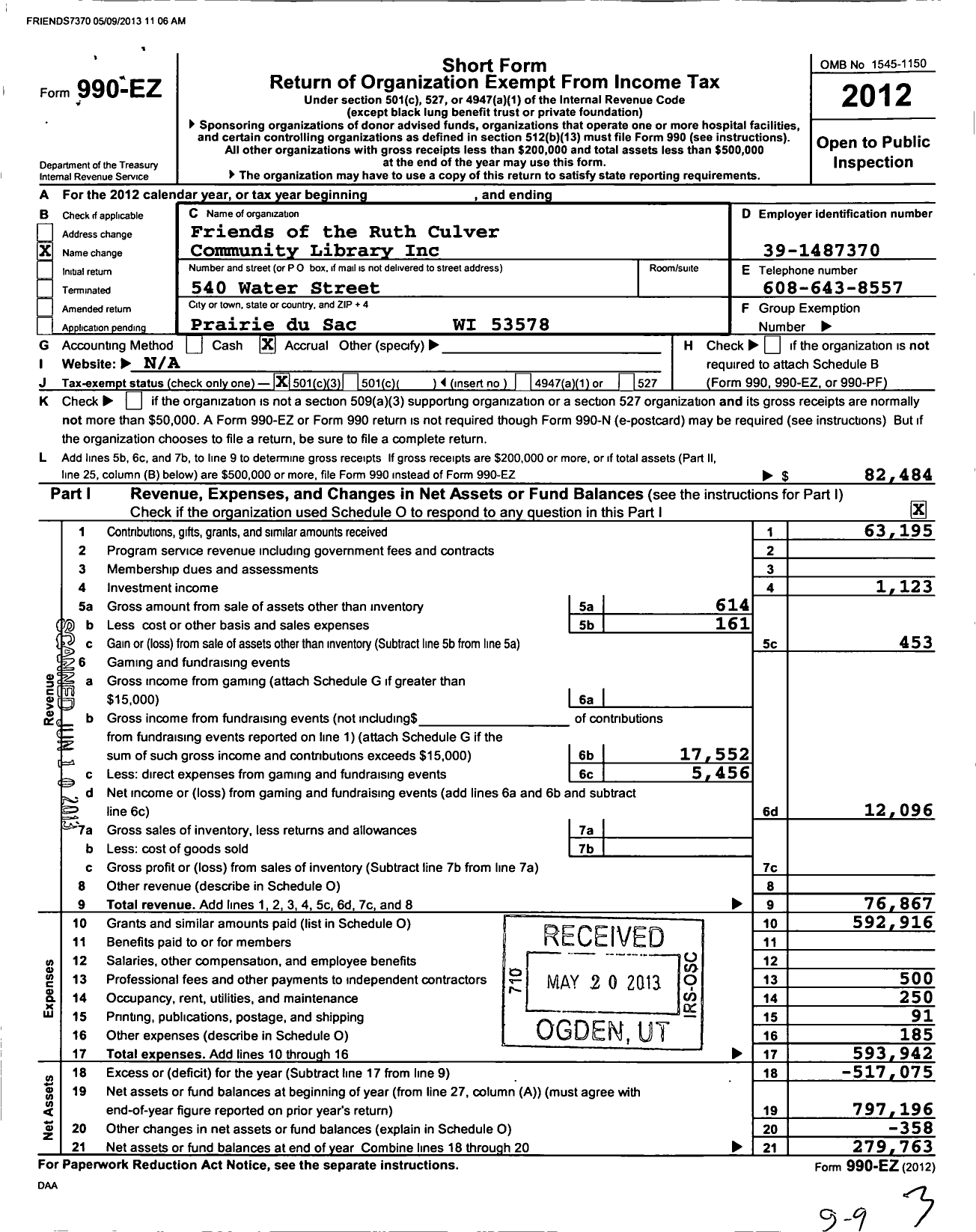 Image of first page of 2012 Form 990EZ for Friends of the Ruth Culver Community Library