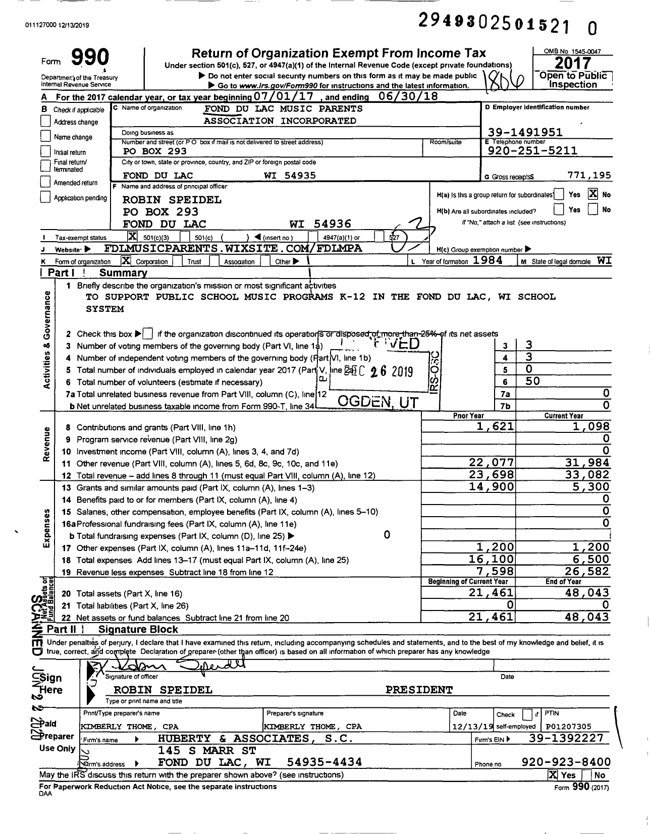 Image of first page of 2017 Form 990 for Fond Du Lac Music Parents Association Incorporated