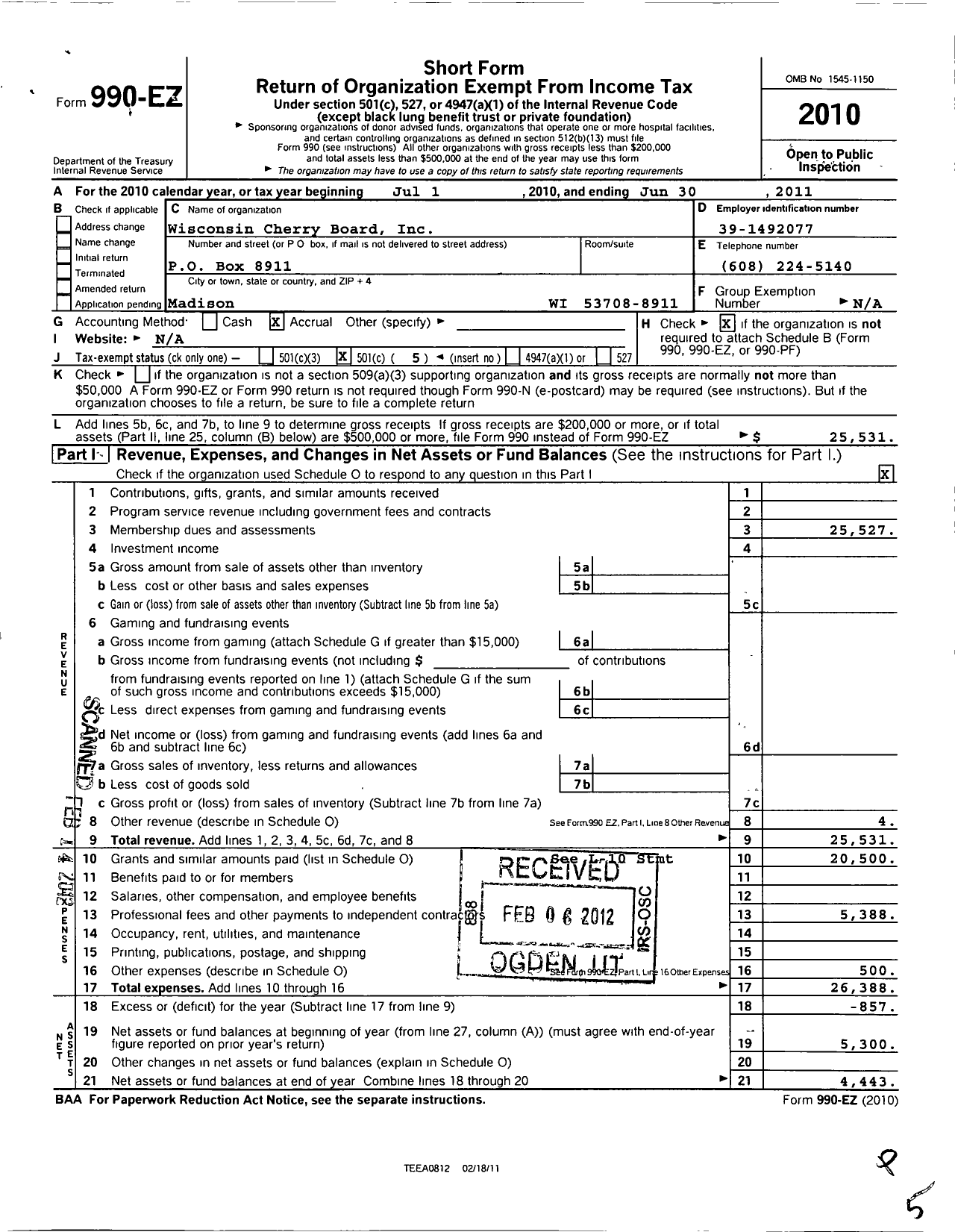 Image of first page of 2010 Form 990EO for Wisconsin Cherry Board