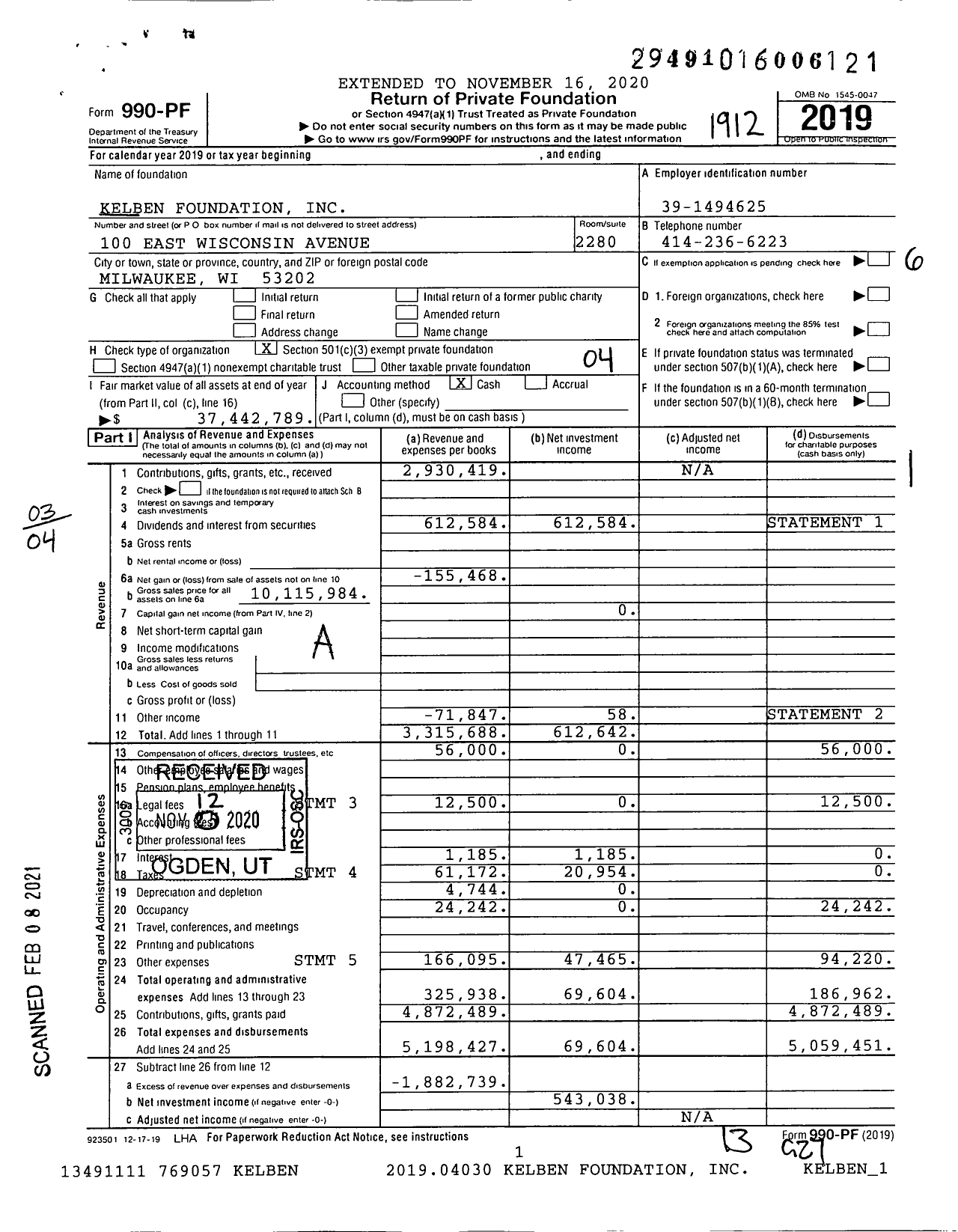 Image of first page of 2019 Form 990PF for Kelben Foundation