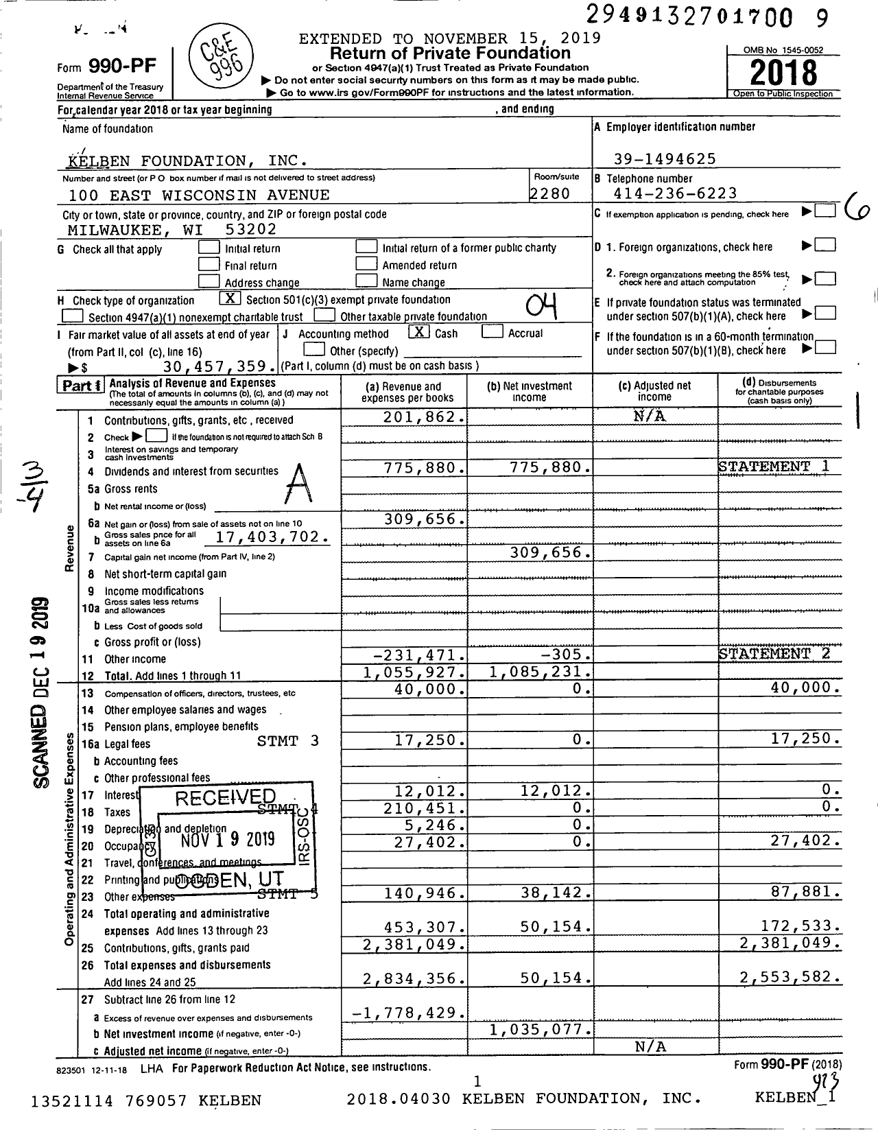 Image of first page of 2018 Form 990PF for Kelben Foundation