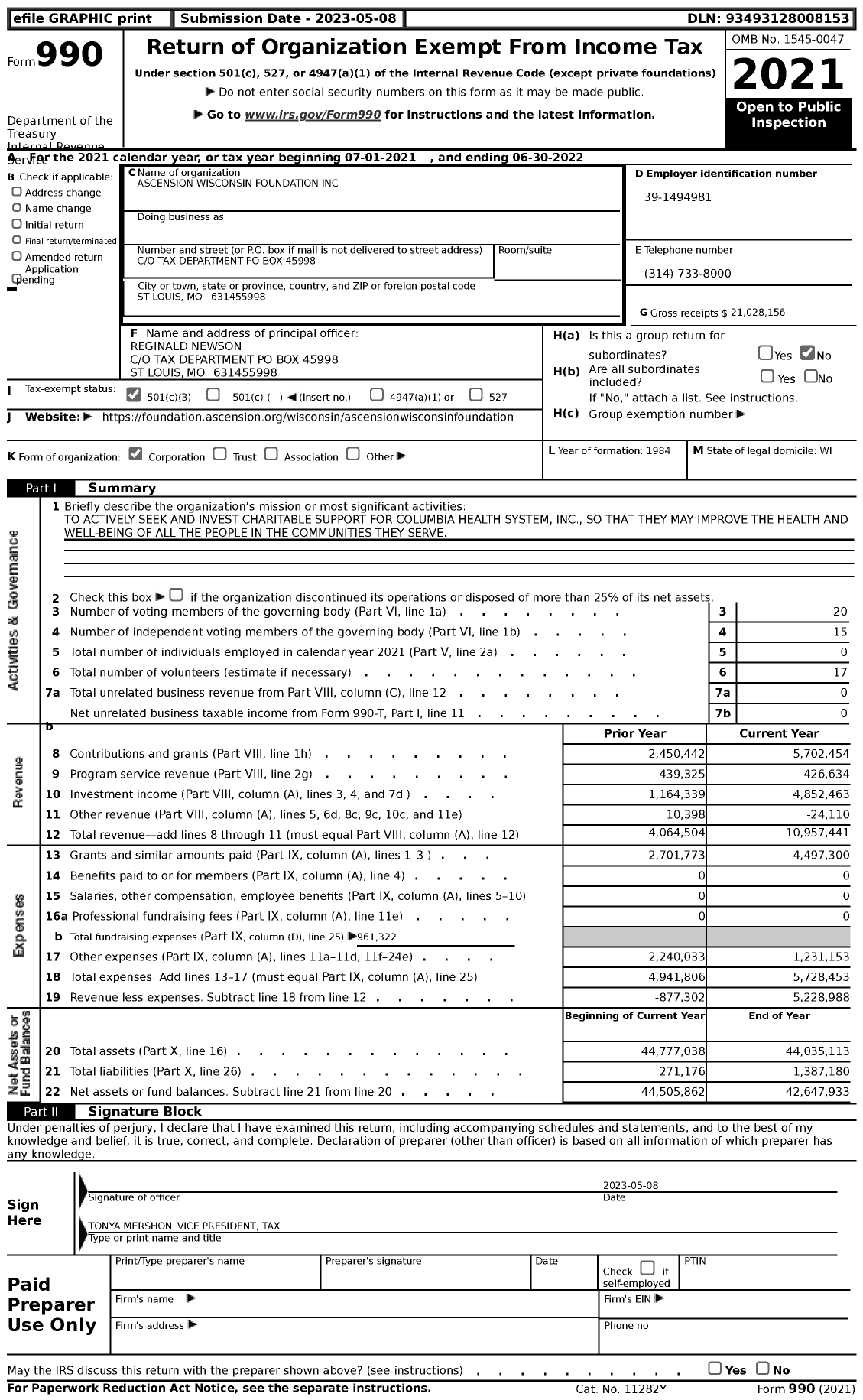 Image of first page of 2021 Form 990 for Ascension Wisconsin Foundation