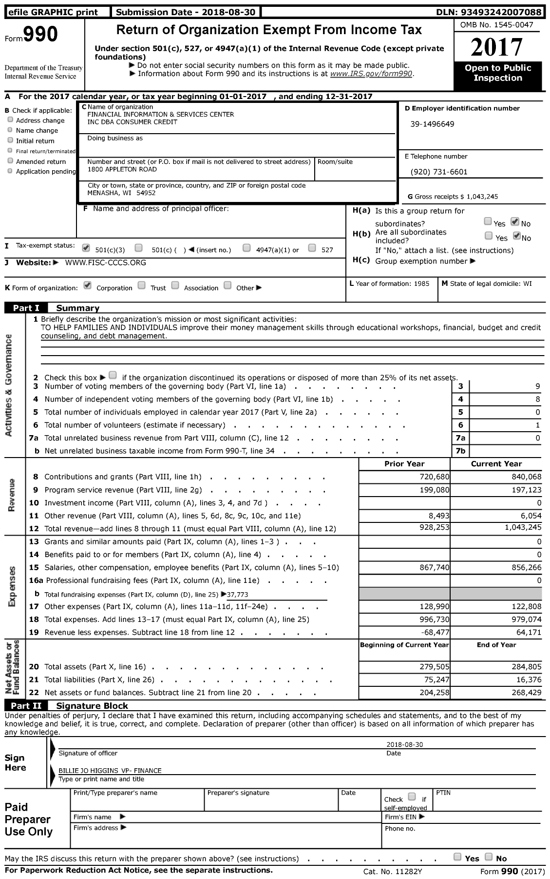 Image of first page of 2017 Form 990 for Consumer Credit Counseling Services