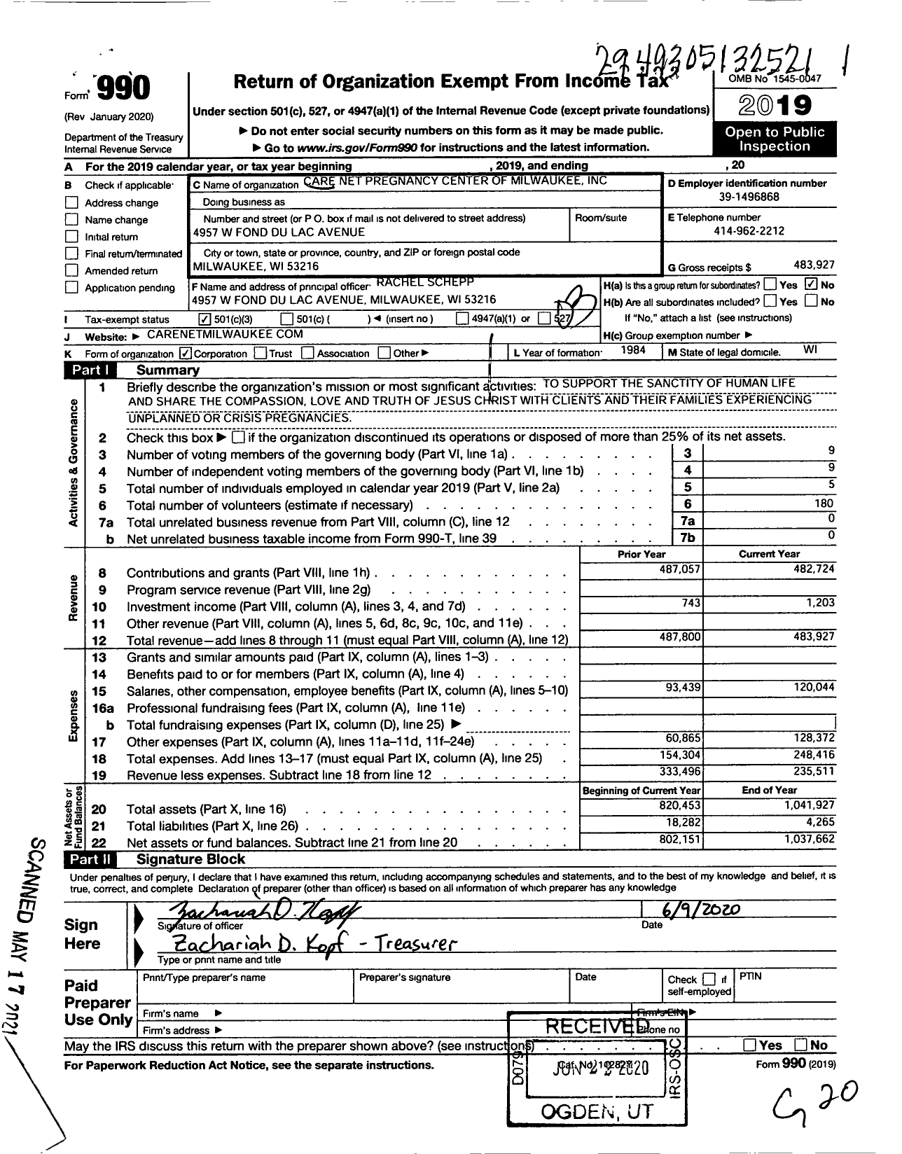 Image of first page of 2019 Form 990 for Care Net Pregnancy Center of Milwaukee