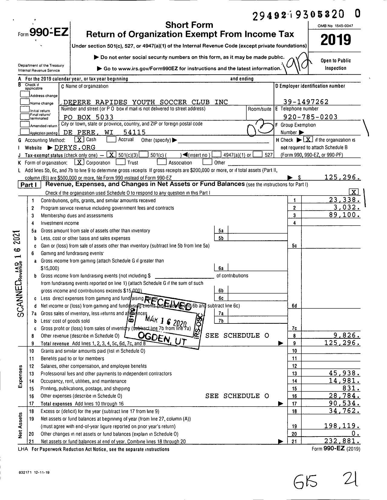 Image of first page of 2019 Form 990EZ for Depere Rapides Youth Soccer Club