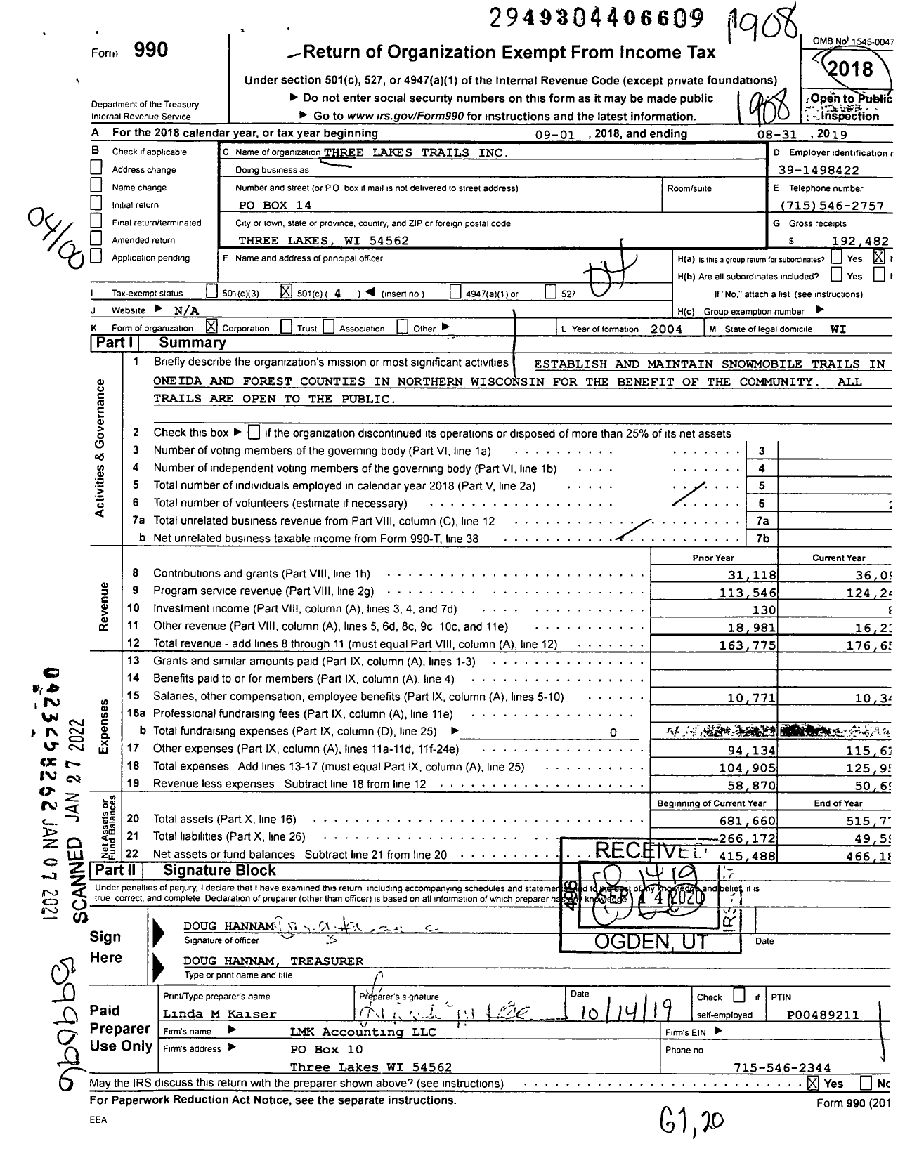 Image of first page of 2018 Form 990O for Three Lakes Trails