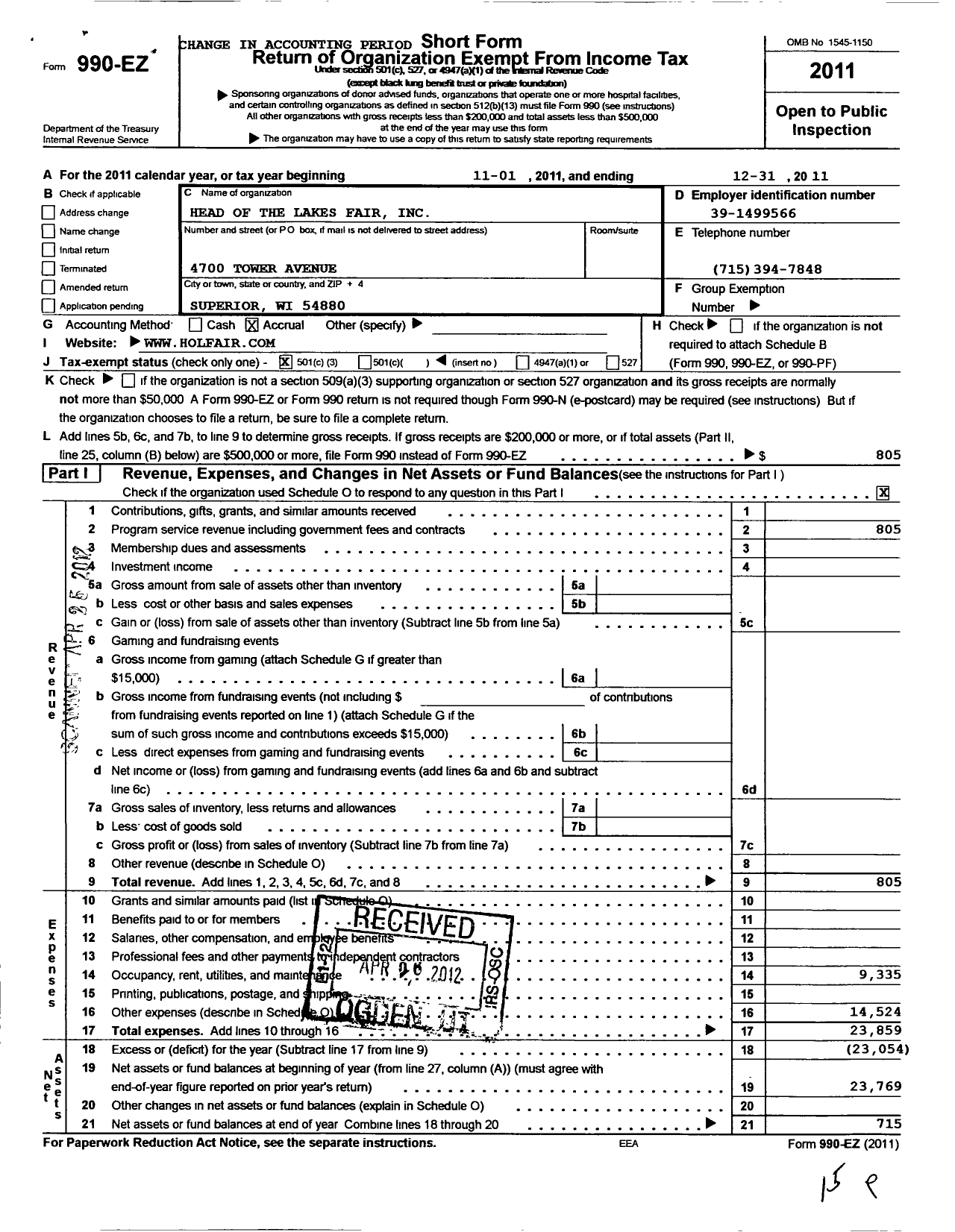 Image of first page of 2011 Form 990EZ for Head of the Lakes Fair