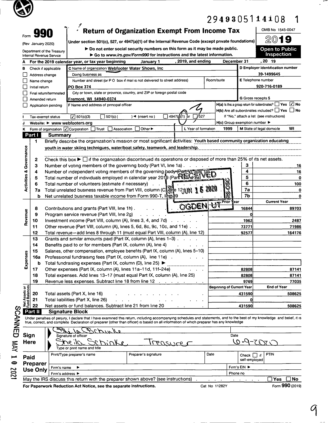 Image of first page of 2019 Form 990 for Webfooter Water Shows