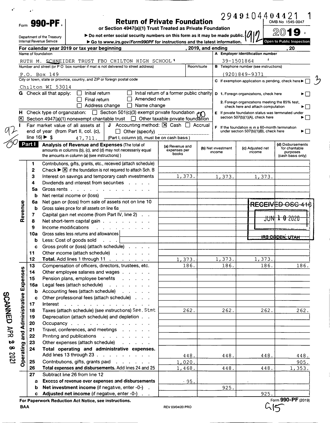 Image of first page of 2019 Form 990PF for Ruth M Schneider Trust Fbo Chilton High School