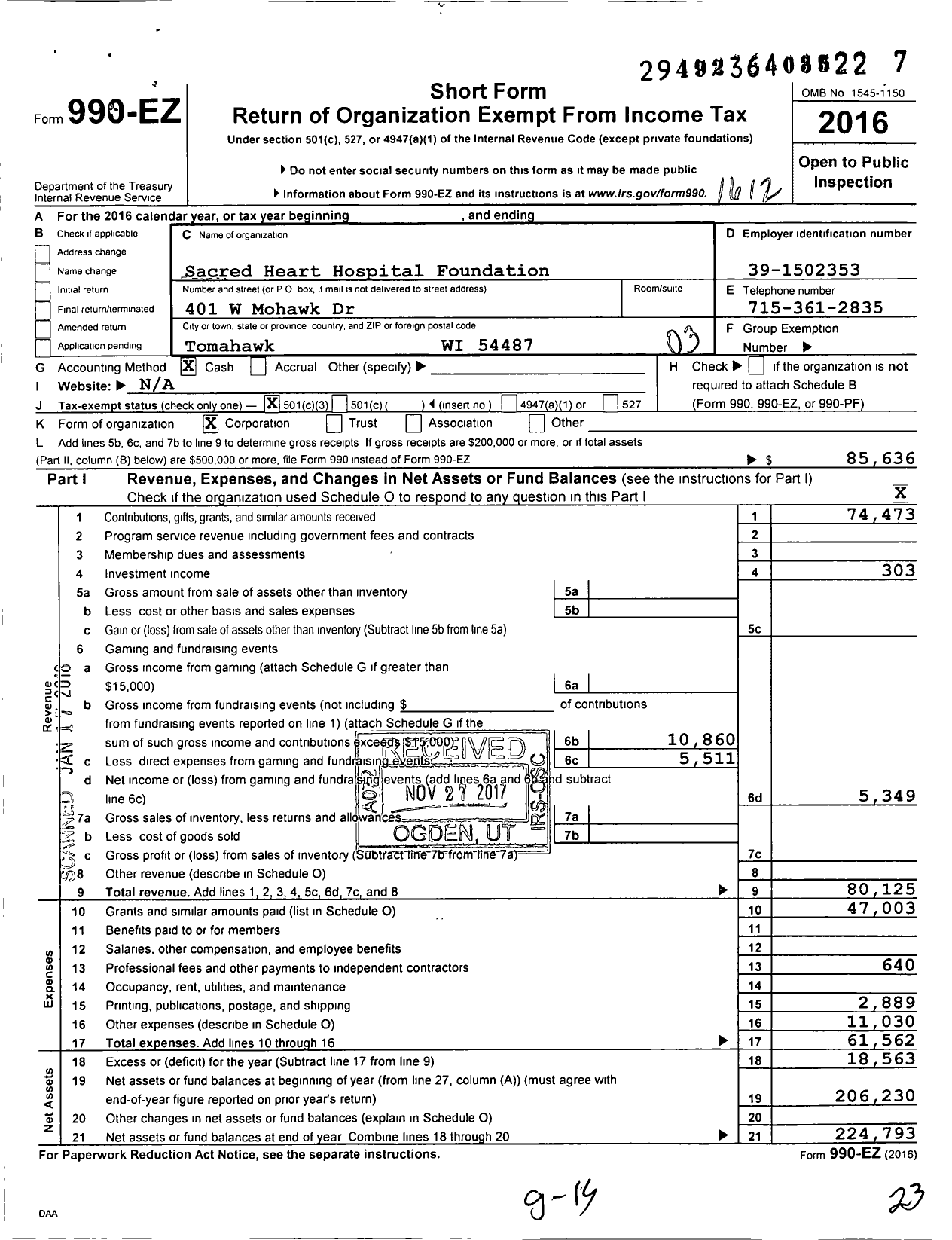 Image of first page of 2016 Form 990EZ for Sacred Heart Hospital Foundation