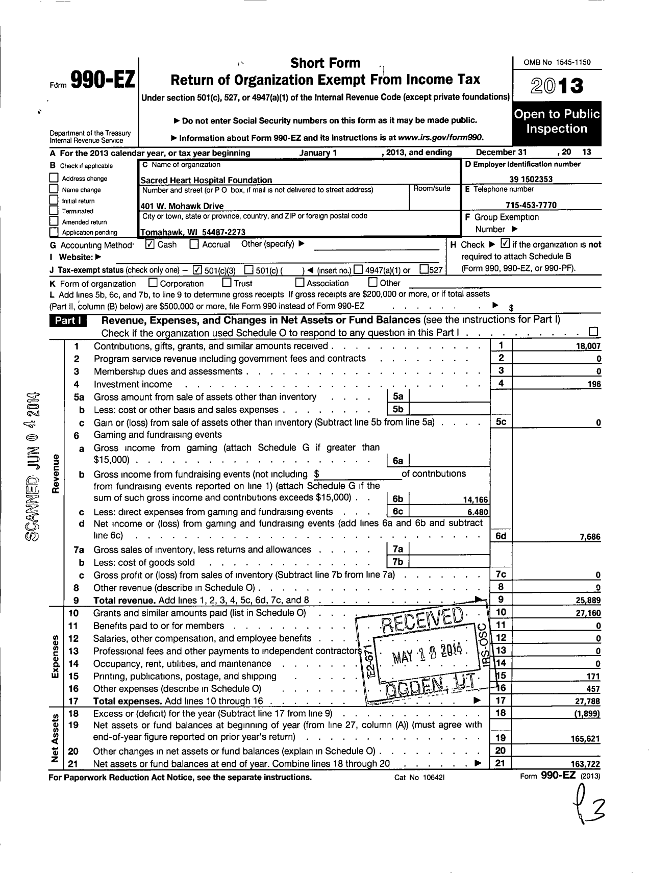 Image of first page of 2013 Form 990EZ for Sacred Heart Hospital Foundation