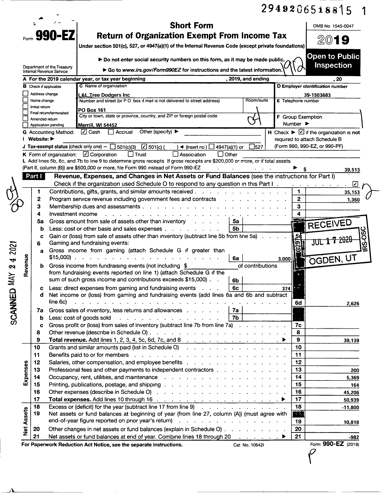 Image of first page of 2019 Form 990EO for L and L Tree Dodgers