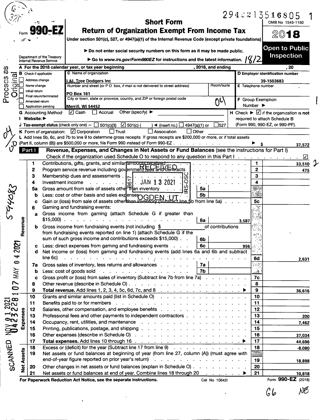 Image of first page of 2018 Form 990EO for L and L Tree Dodgers