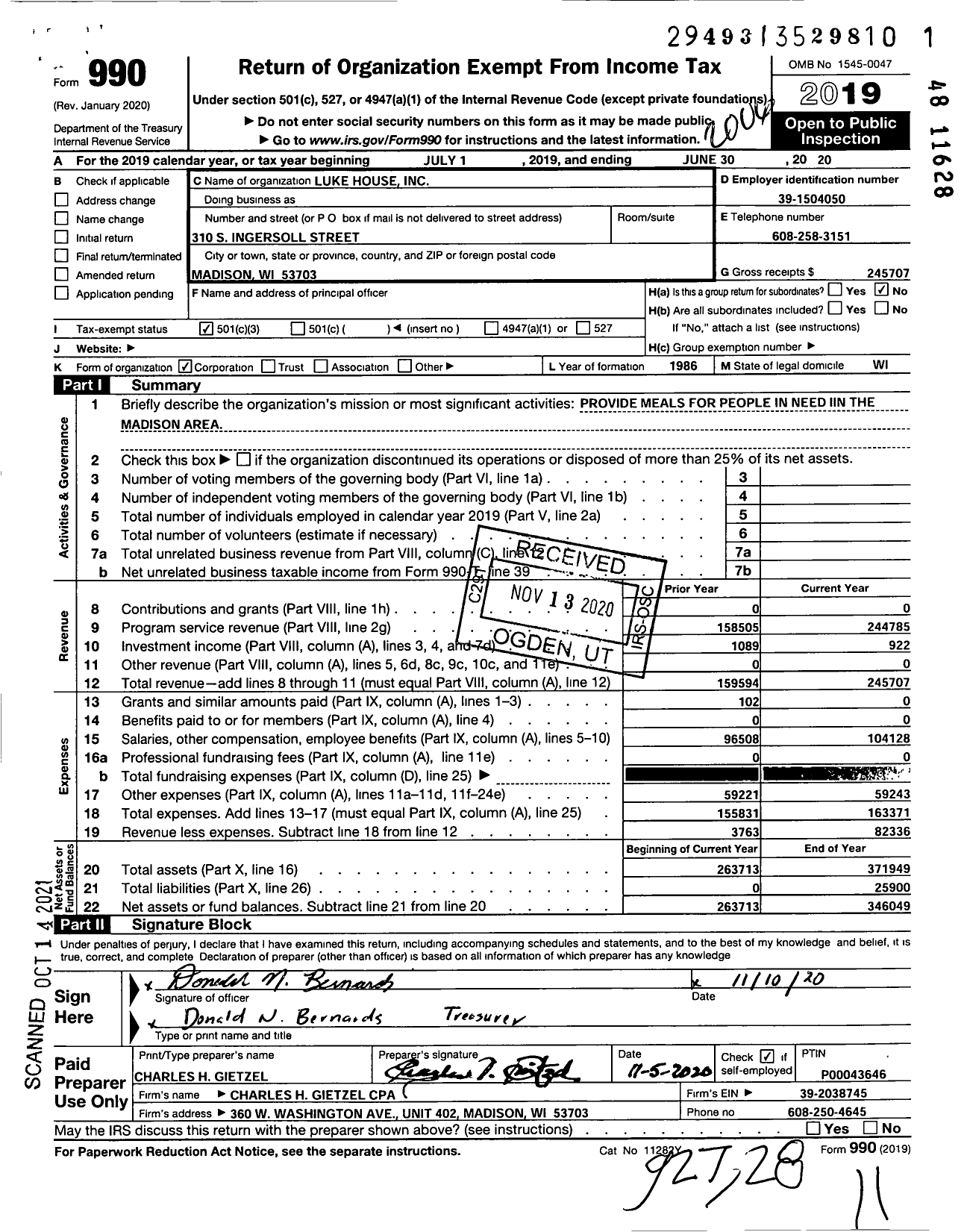 Image of first page of 2019 Form 990 for Luke House