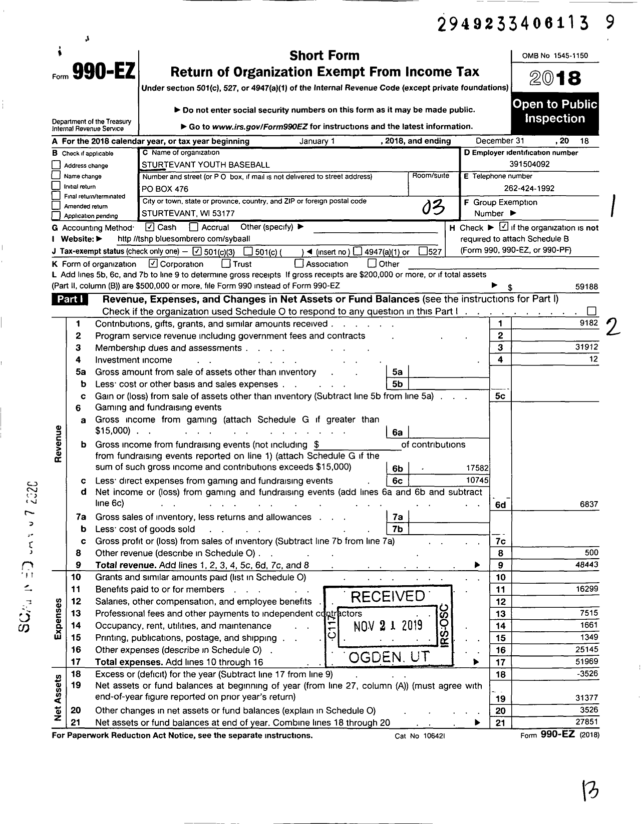 Image of first page of 2018 Form 990EZ for Sturtevant Youth Baseball Association