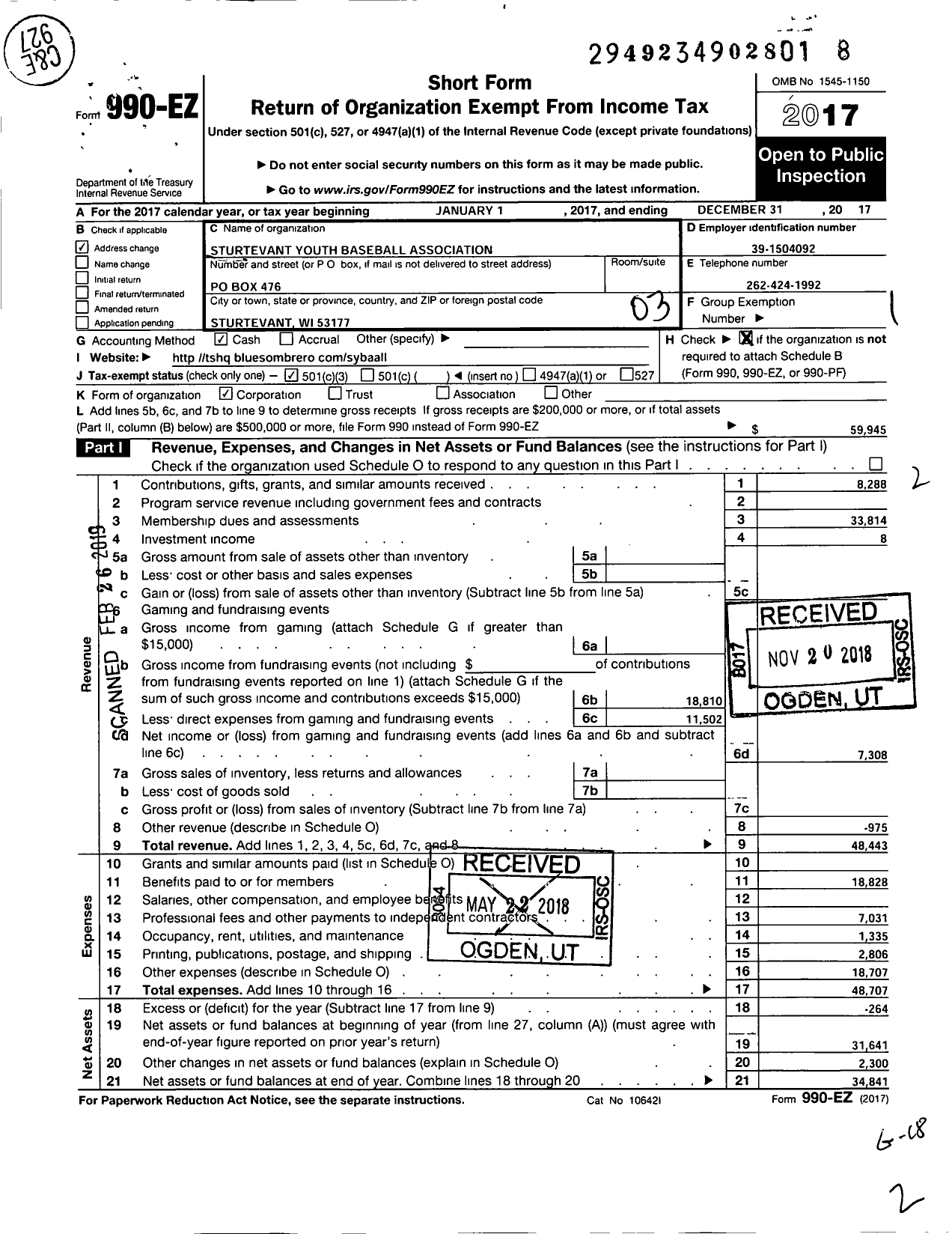 Image of first page of 2017 Form 990EZ for Sturtevant Youth Baseball Association