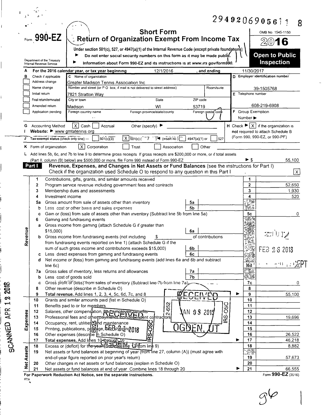 Image of first page of 2016 Form 990EO for Greater Madison Tennis Association