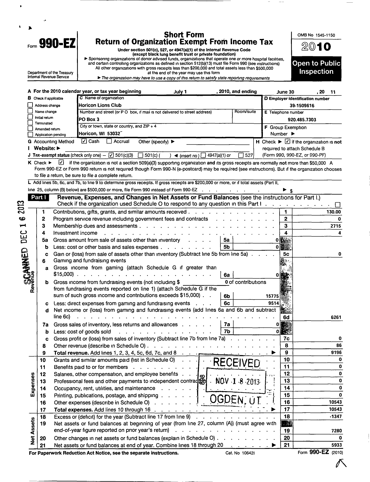 Image of first page of 2010 Form 990EZ for International Association of Lions Clubs / 43615 Horicon
