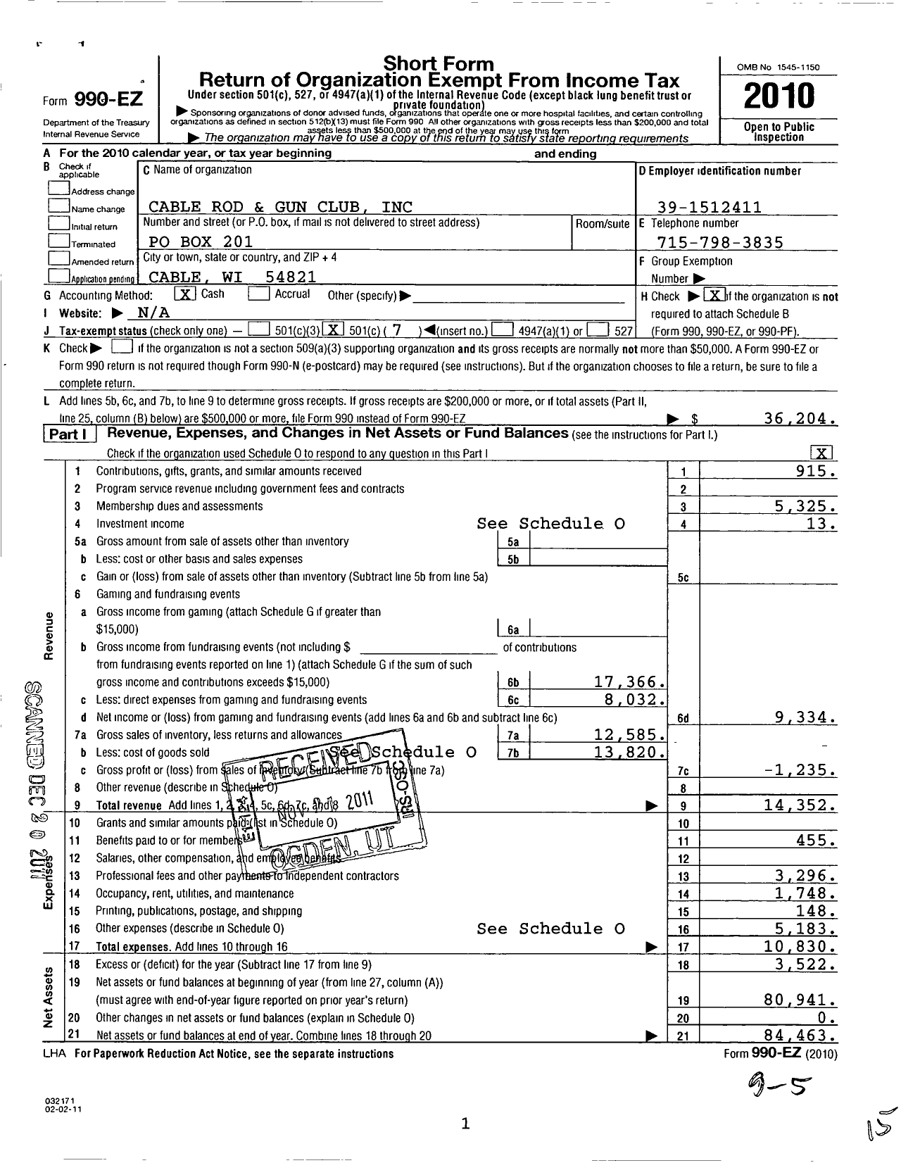 Image of first page of 2010 Form 990EO for Cable Rod and Gun Club