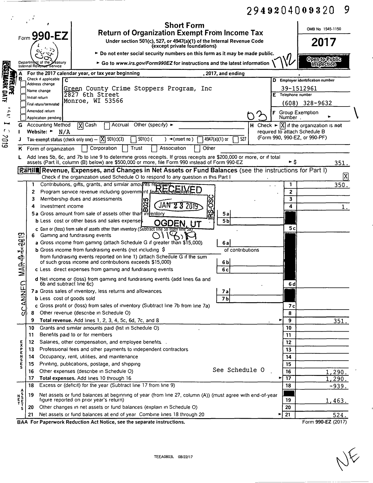 Image of first page of 2017 Form 990EZ for Green County Crime Stoppers Program