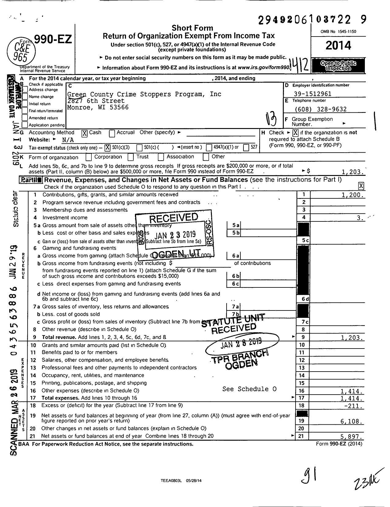 Image of first page of 2014 Form 990EZ for Green County Crime Stoppers Program